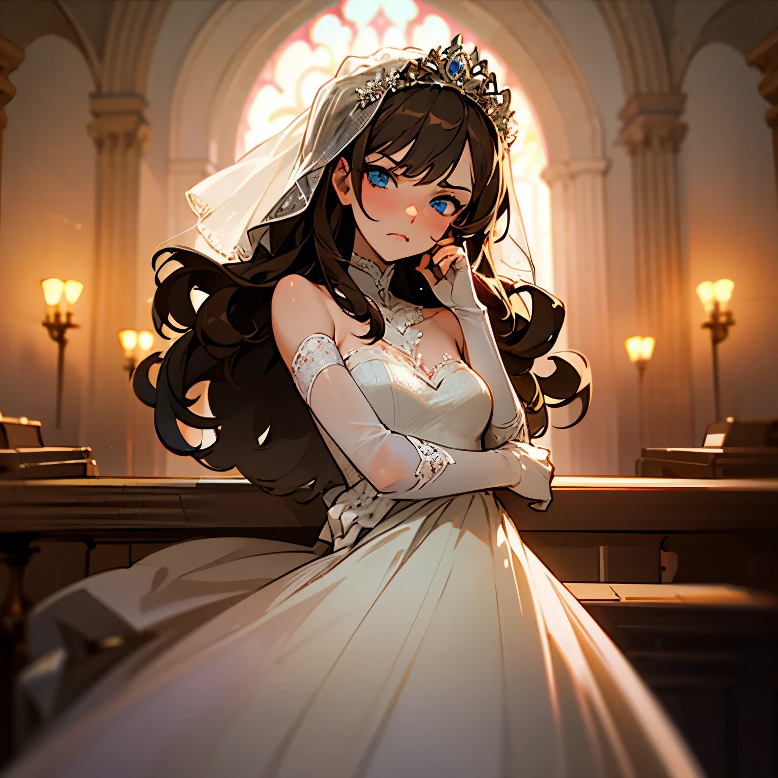 ((Highest quality)), ((masterpiece)), (detailed), （Perfect Face）、The woman is an Extia with medium-long brown hair, wearing a gorgeous black wedding dress with gold embroidery and trim, a black wedding veil, and an engagement ring.、The woman is happily getting married in a posh church belonging to an evil organization.