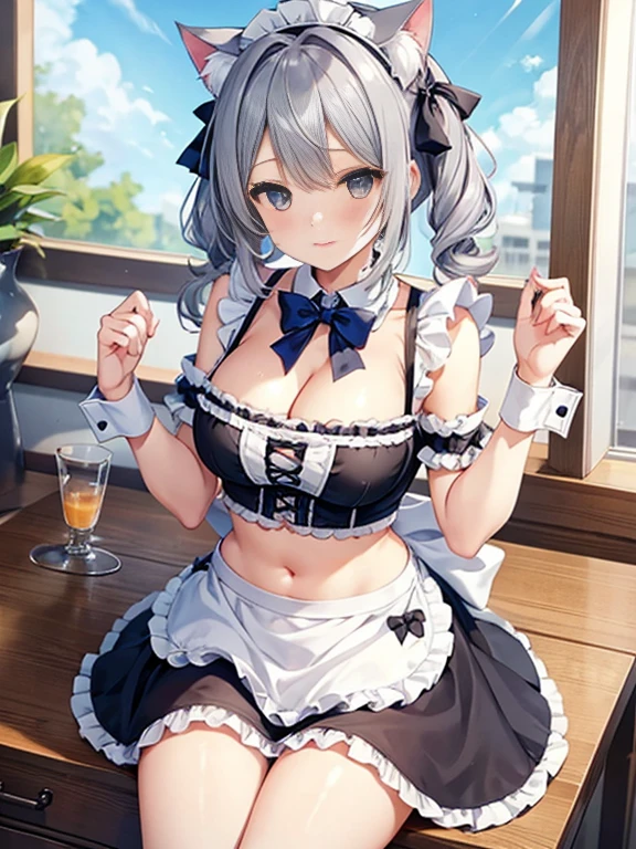 （（（highest quality、first-class、masterpiece、Normal body、8k、Detailed face、Ultra-precision、Normal hand、Normal finger、５Finger、Highest）））、beautiful girl、Silver Hair、Small breasts、Shortcuts、Naked Apron、Sleeveless Apron、Mini apron、bedroom、Bondage play、Raise your hands and tie them、lotion、Slimy slime、Sticky