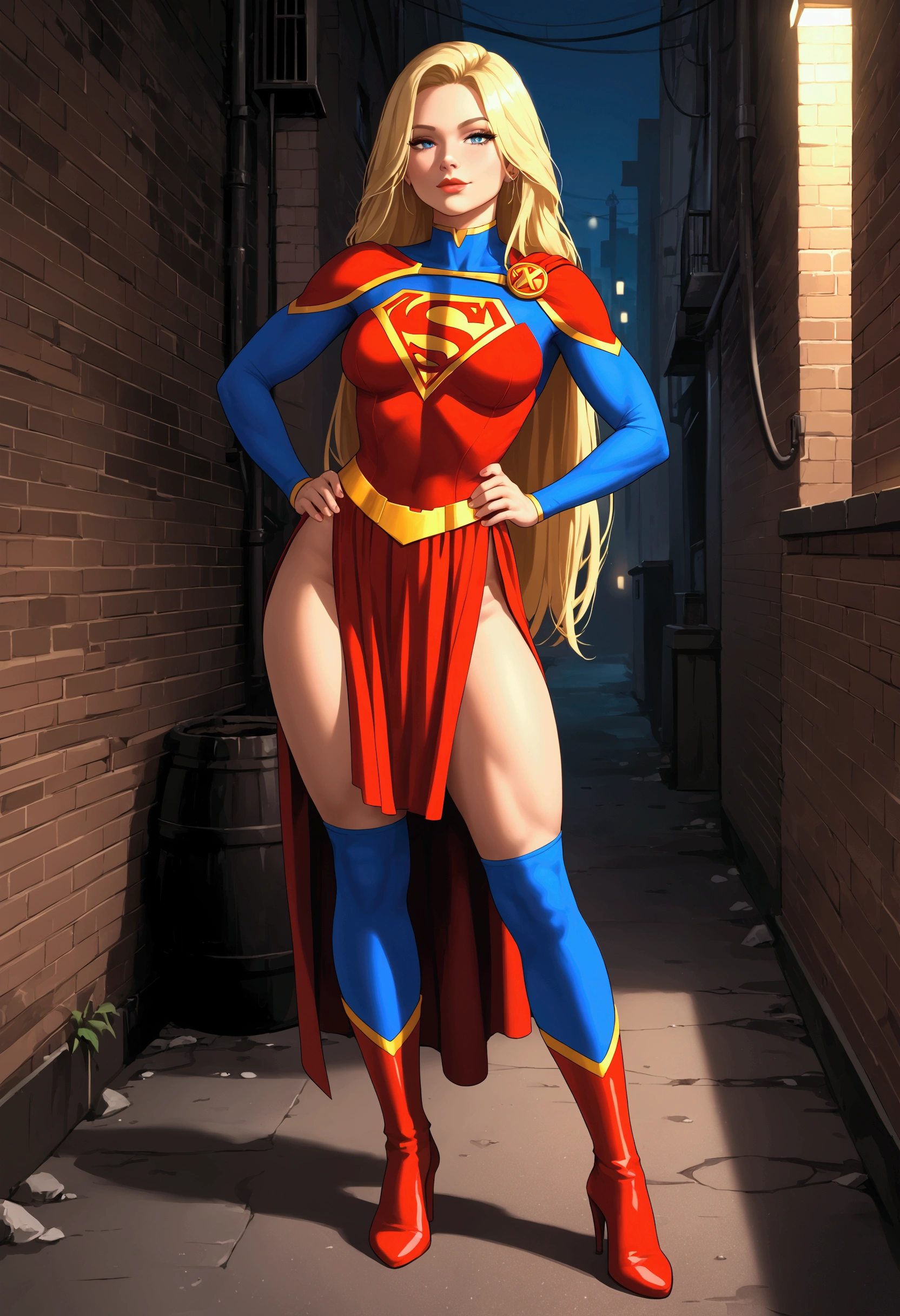 ((SUPERHEROINA SUPERGIRL, ABANDONADA IN THE DIRTY  ALLEY AT NIGHT, IN PROSTITUTION,HUMILHADA,DERROTADA)), (SUPERGIRL is barefoot), ((SUPERHEROINE SUPERGIRL, prostituida, a dirty cow)), (SUPERHEROINA SUPERGIRL suada por todo o corpo), (Supergirl chorando muito). ((SUPERHEROINA SUPERGIRL tem cabelo loiro, ela tem cabelo longo)), ((SUPERHEROINA SUPERGIRL wearing a thick metal necklace around her neck )), (Your clothes are immoral, your clothes are indecent, your clothes are tight), ((Shibari, arms behind the back:1.4)), ((hands on back)), ((string restriction)), ((Inevitable restriction with ropes)), (obra-prima, melhor qualidade) 1.5, 1 garota, sozinho, (sexy, mulher bonita, rosto perfeito, olhos perfeitos) corpo inteiro, ((High definition face)), (((SUPERHEROINA SUPERGIRL ESCRAVIZADA, Tears stream down her face))).