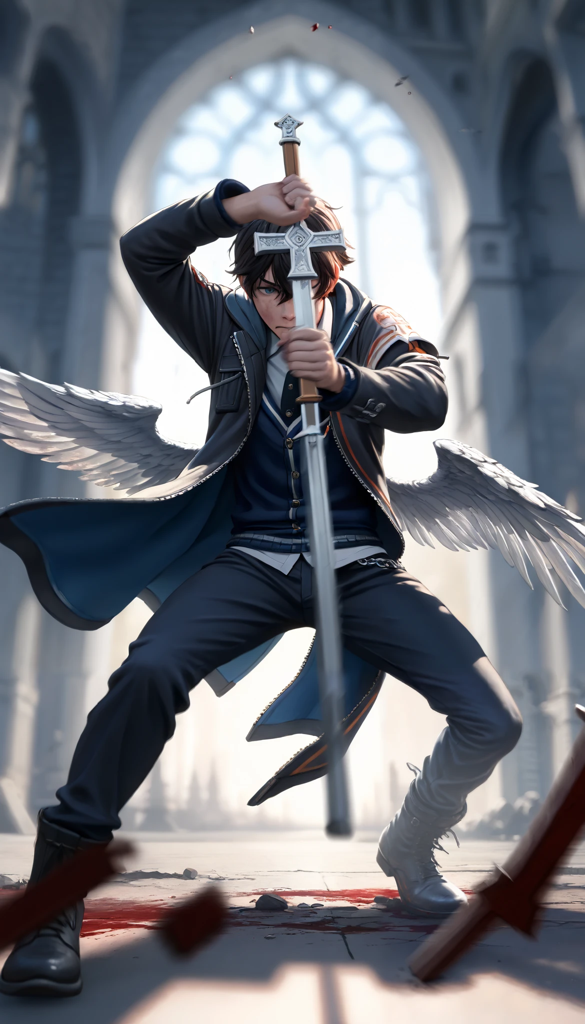( masterpiece, The best quality : 1.2), Underground Angel , broken wings, holding a blue silver crucifix , luz de luna, Ominous clouds, Dark fantasy illustration style , dark arts, HIGH CONTRAST, sombras oscuras, atmospheric perspective , melancholic colors , film composition , volumetric lighting, numbers, Brushstrokes, dramatic lighting , ángulo bajo, Surrealism, super detailed, Hyperrealism , ( high quality, 8K, 4k, HIGH CONTRAST, masterpiece: 1.2, 最 high quality, best aesthetic ), Shibuya Crossing, post-apocalyptic, 1 number, focus, intense fight , fighting action pose , ((( Blurred motion effect: 1.6))), Destroyed Tokyo atmosphere , Empty street scene , Broken neon signs , Depressive atmosphere , fast movement , (( Motion blur in the arms)), shadow killer , killing an enemy , destroyed architecture , Blood on the Floor , Less bloodstained , evil energy , cinematic colors , dynamic configurations , atmospheric perspective , epic lighting , (1vs1 ), ( Unfounded ).(Way a way)