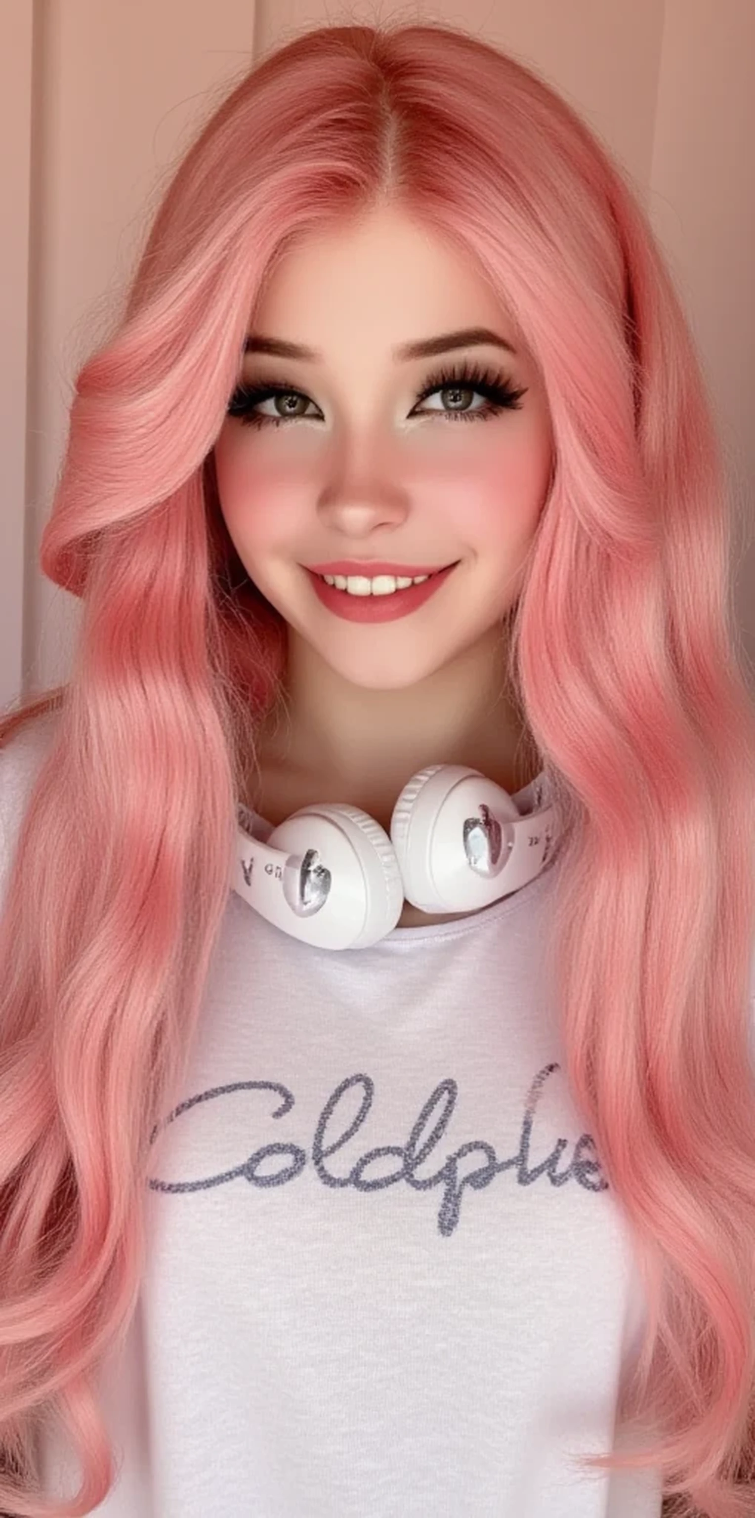 Hyperrealistic image of Belle Delphine without distortion , Cinematic light, 8K, uhdk .:
by:
- Color: Intense pink with warm reflections (#FFC0CB)
- Texture: wavy, silky and slightly curly
- Length : to the shoulders, with some longer wicks that fall on the forehead
- Style : suave,
Eyes :
- Color: Light blue with a touch of green (#C6F4C5 )
- Shape: Almond-shaped, slanted and slightly angled
- Size : big, lips with a slightly oval shape
- Lashes : Long, thick and slightly curled
Skin :
- Color: pale, creamy with a touch of pink (# f5f5f5 )
- Texture: suave, facials
- Athletic and slightly curvaceous : uniforme, without imperfections and with a slight luminosity
Expressive :
- Color: Intense pink with a touch of natural and slightly disheveled coral (#FFC0CB)
- Shape: Fleshy, faces curled slightly upwards
- Size : medium, proportioned and in harmony with the rest of the face
Body :
- Silhouette: thin, toning
- Height : 1.65 m ( approximately )
- Weight: 50 kg ( approximately )
- Proportions : hips and breasts provided, defined and slightly narrowed waist
Sensual :
- Shape: Oval, soft and slightly elongated
- Smooth and slightly radiant : high cheekbones, small and slightly straight nose , defined and slightly arched eyebrows
Clothing :
- White Coldplay t-shirt with the band logo printed on the chest
- Black shorts
- White headphones with silver details