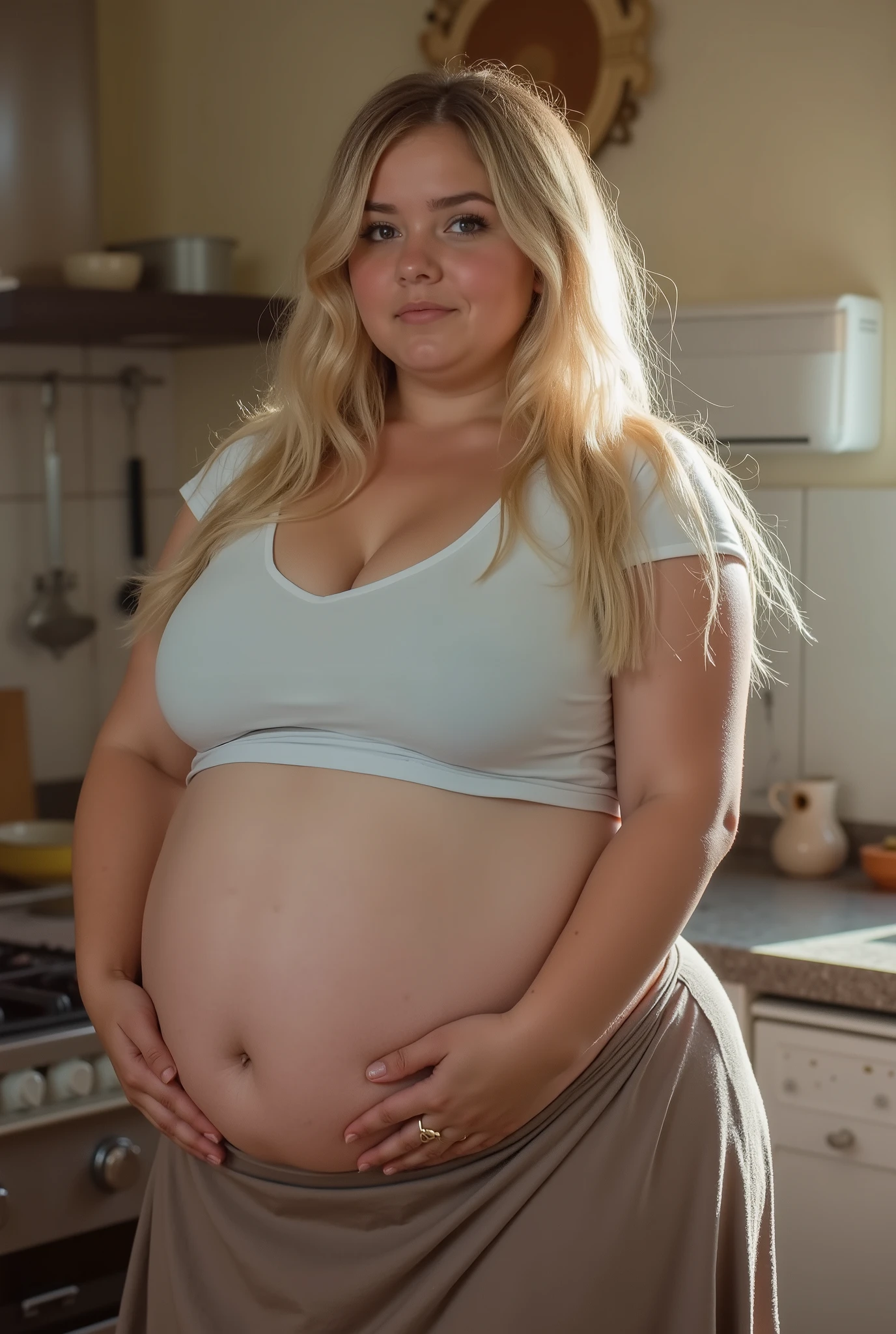 A very pretty and very fat 18 year old woman, long wavy blonde hair, sitting on couch, wearing nothing, naked, kinda small breasts, very large belly, exhausted facial expressions, patting her belly, very chunky fat thighs, very stuffed belly, very round belly, belly hang, very heavy belly, pregnant belly, 9 months pregnant, perfect face, detailed face, tired, very round belly, sitting on butt, chunky arms, fatty, perfect eyes, normal tits