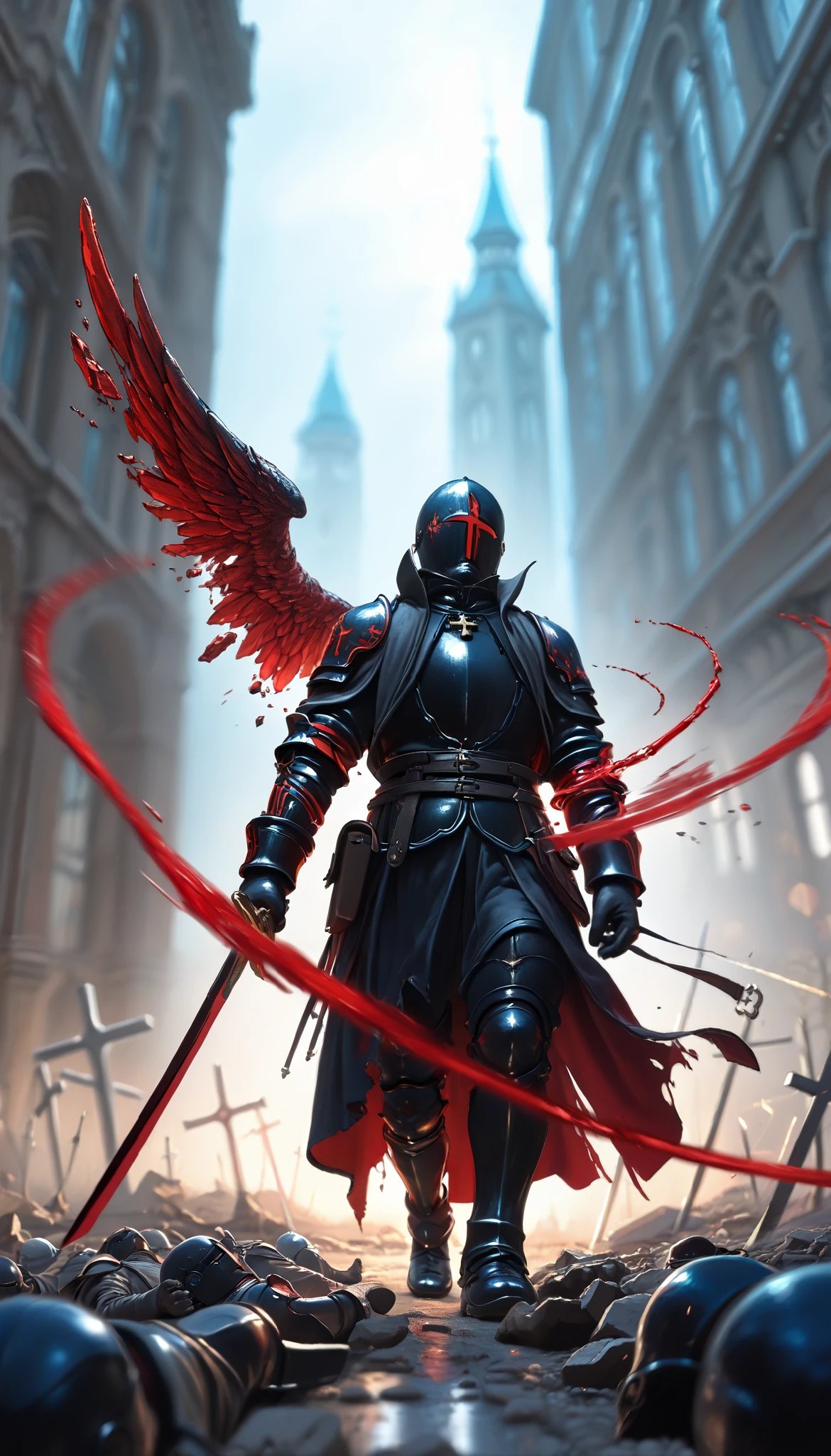 ( masterpiece, The best quality : 1.2), Underground Angel , broken wings, holding a blue silver crucifix , luz de luna, Ominous clouds, Dark fantasy illustration style , dark arts, HIGH CONTRAST, sombras oscuras, atmospheric perspective , melancholic colors , film composition , volumetric lighting, numbers, Brushstrokes, dramatic lighting , ángulo bajo, Surrealism, super detailed, Hyperrealism , ( high quality, 8K, 4k, HIGH CONTRAST, masterpiece: 1.2, 最 high quality, best aesthetic ), Shibuya Crossing, post-apocalyptic, 1 number, focus, intense fight , fighting action pose , ((( Blurred motion effect: 1.6))), Destroyed Tokyo atmosphere , Empty street scene , Broken neon signs , Depressive atmosphere , fast movement , (( Motion blur in the arms)), shadow killer , killing an enemy , destroyed architecture , Blood on the Floor , Less bloodstained , evil energy , cinematic colors , dynamic configurations , atmospheric perspective , epic lighting , (1vs1 ), ( Unfounded ).(Way a way)