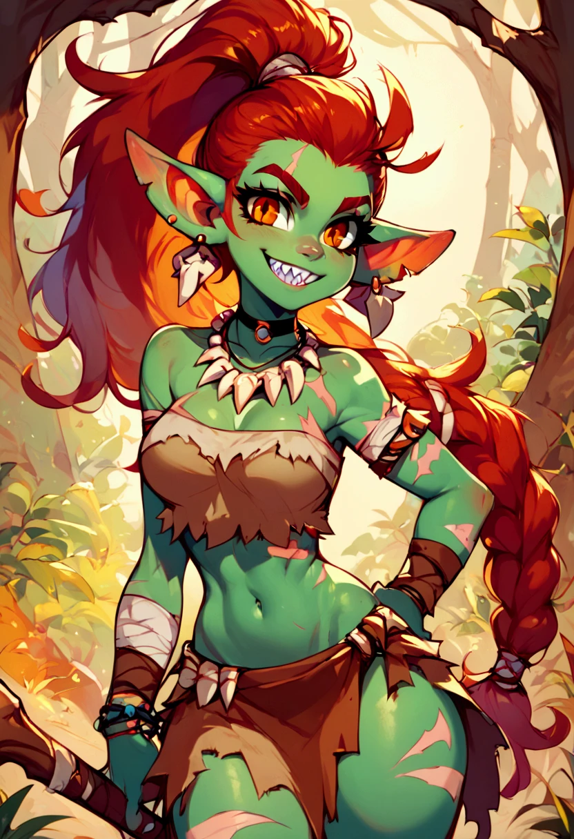goblin girl, Anime, 21 years old, short stature, Very curvy body, short haircut, Jewelry made of teeth, tribal decorations, red hair combed to the side, Sitting on a log, Cozy atmosphere.