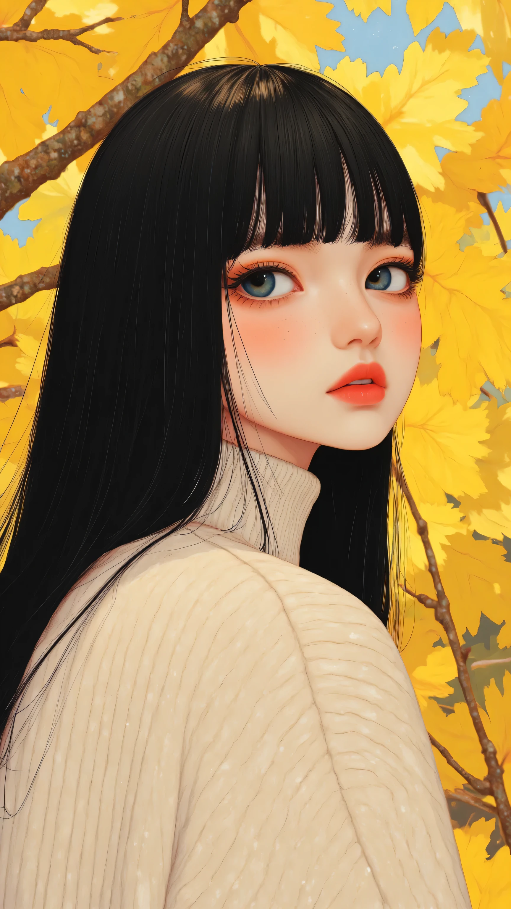 8k, masterpiece, highest quality, Korea's Beautiful Women, profile, black hair with bangs, cream sweater, autumn scenery, yellow leaves, branches, soft focal background, bokeh, natural light, shallow depth,