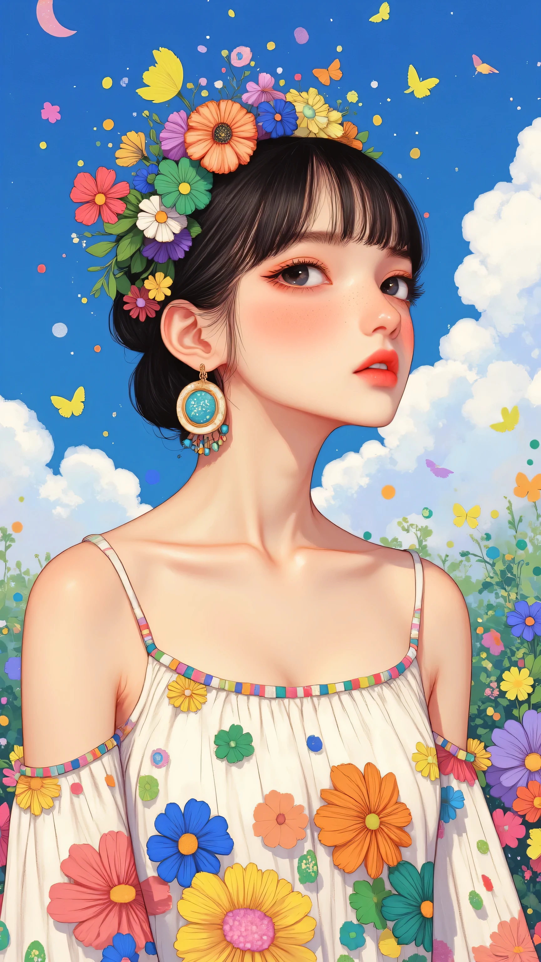 8k, masterpiece, highest quality, Korea's Beautiful Women, Floral Dress, Spaghetti Strap Dress, Delicate Flowers, Embroidery Detail, Pastel Colours, Hair Accessories, Floral Crown, Blue Sky, Cloud, Silver Soul,