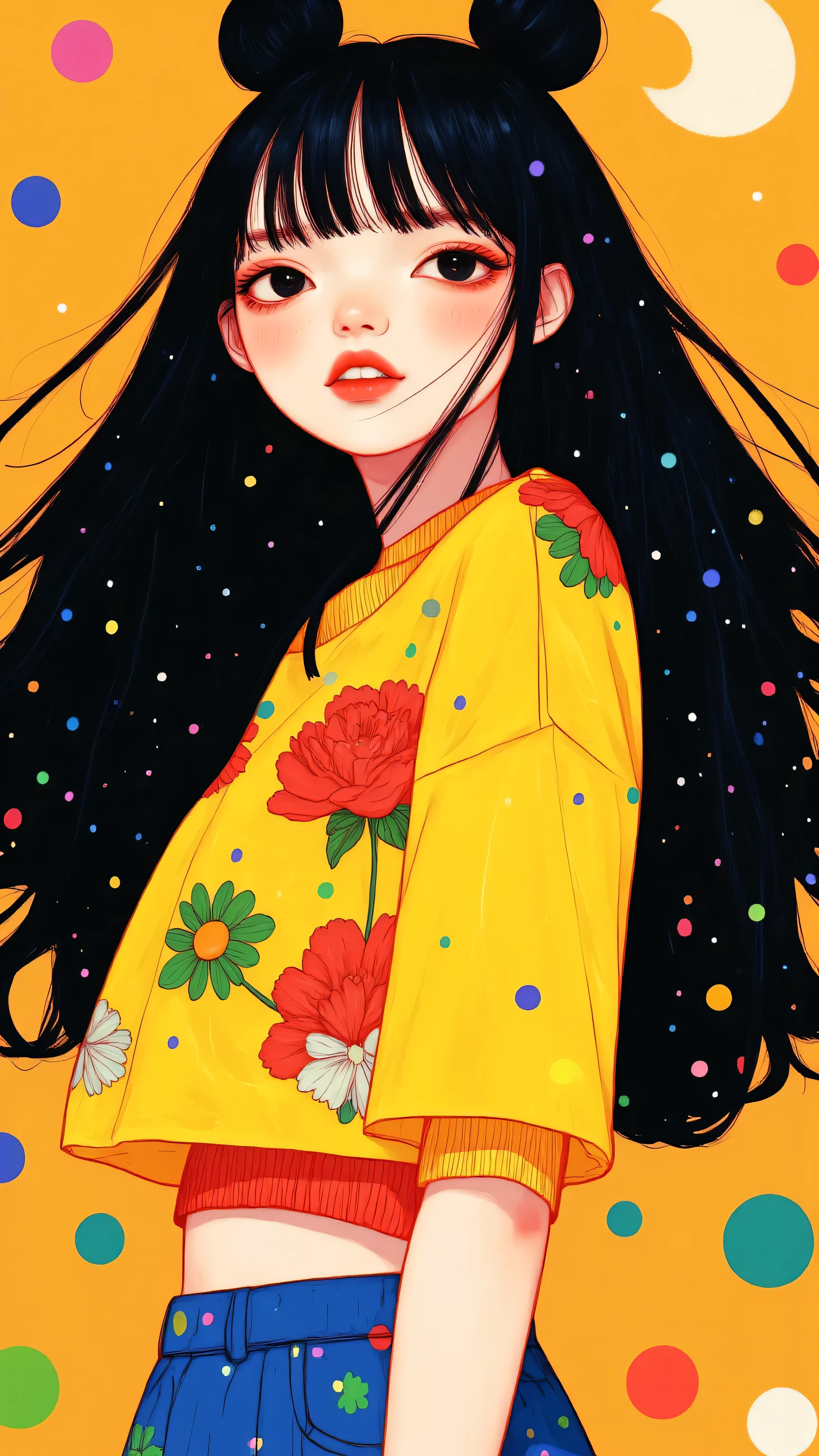 8k, masterpiece, highest quality, Korea's Beautiful Women, Cheerful smile, bunted black hair, cropped top with flower design, denim shorts, yellow and red colour scheme, vibrant pose, colorful pop art background, bright lighting, high contrast