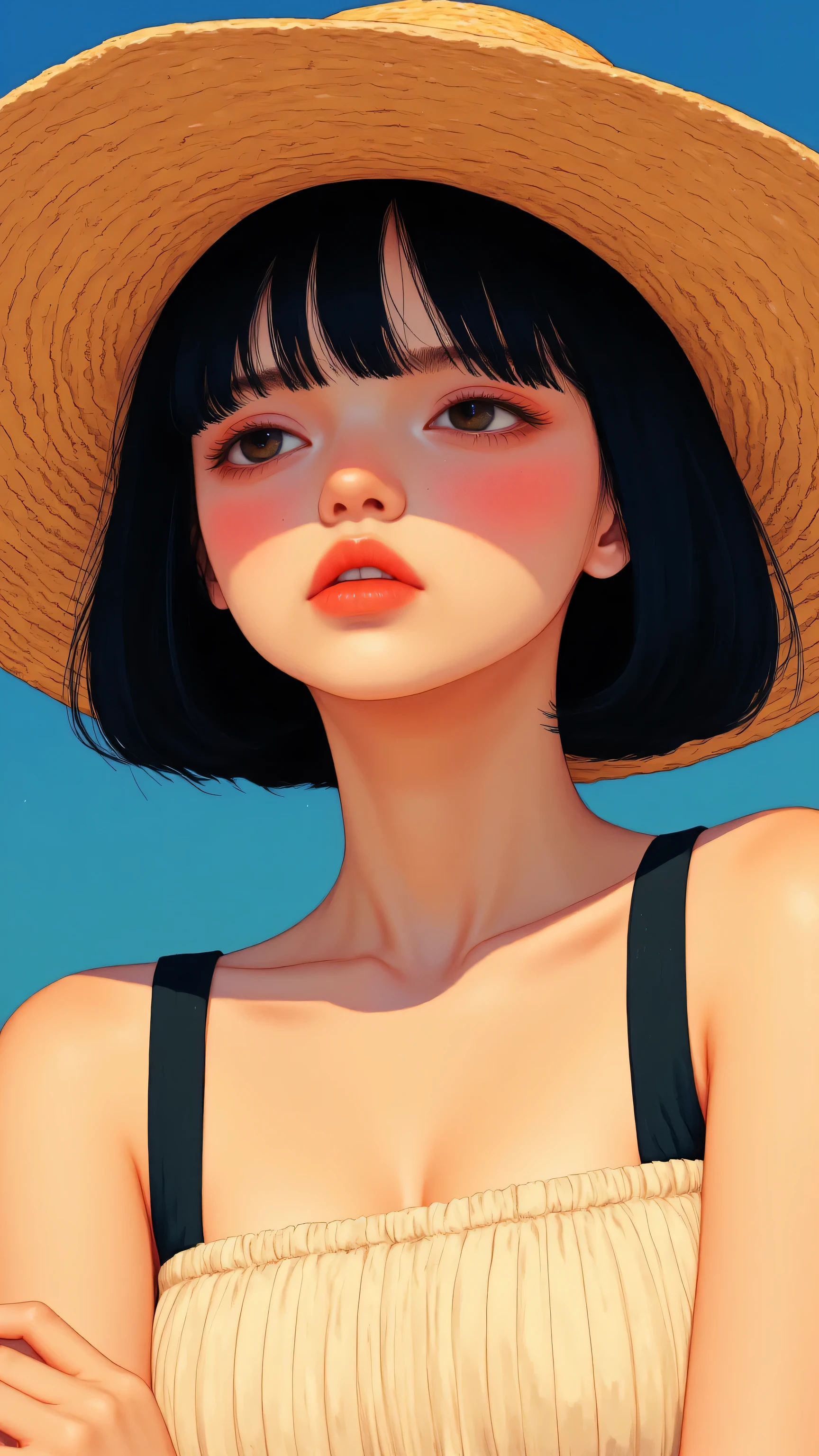 8k, masterpiece, highest quality, Korea's Beautiful Women, Low-angle, close-up, tan skin, dark hair, short bob, wide-brimmed straw hat, beige top, dark swimsuit strap, serious expression, pensive, arms crossed, bright blue sky, outdoor setting.