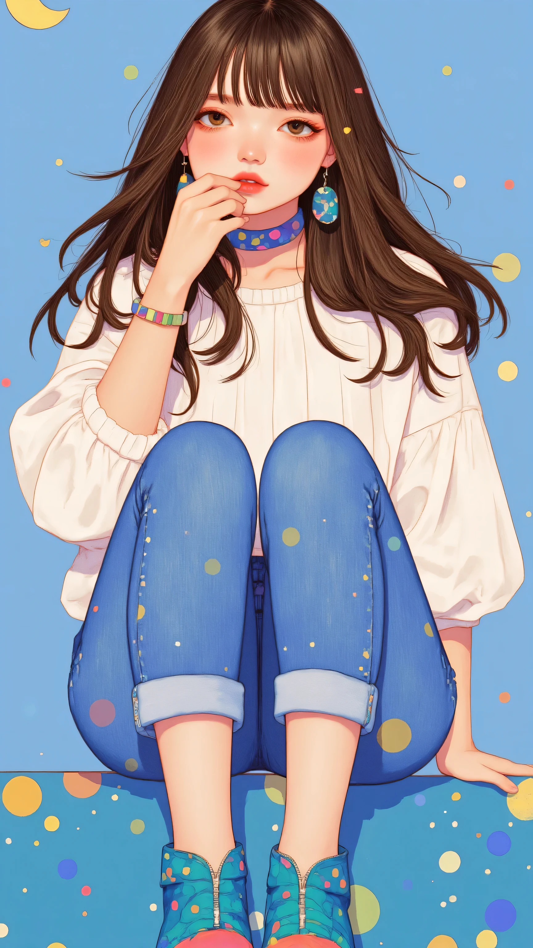 8k, masterpiece, highest quality, Korea's Beautiful Women, High-angle, shoulder-length brown hair, wavy hair, white blouse, puffed sleeves, semi-sheer, blue jeans, cuffed jeans, teal heels, aqua heels, bracelet, dangling earrings, cheerful expression, relaxed pose, cross-legged, left hand near face, woven handbag, scarf, light blue background, bright lighting.