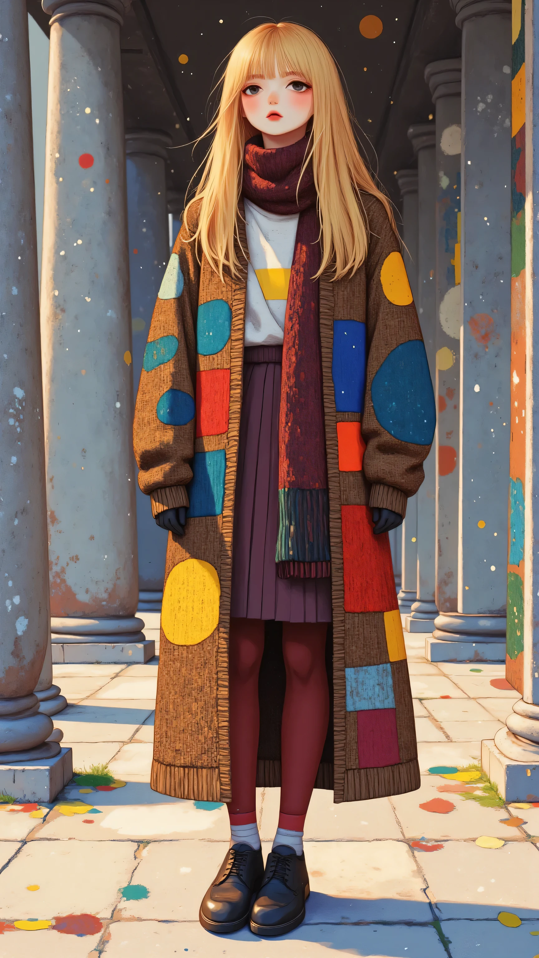 8k, masterpiece, highest quality, Korea's Beautiful Women, Eye-level, blonde, fair-skinned, long hair, long brown cardigan, textured, knitted, woven, red, blue, yellow, patches, maroon scarf, maroon tights, leggings, dark brown oxfords, loafers, relaxed, angled, grey stone pillars, columns, outdoor, urban, building, architectural, bohemian, folk, handcrafted, ethnic, muted earth tones, maroon accents, well-lit.