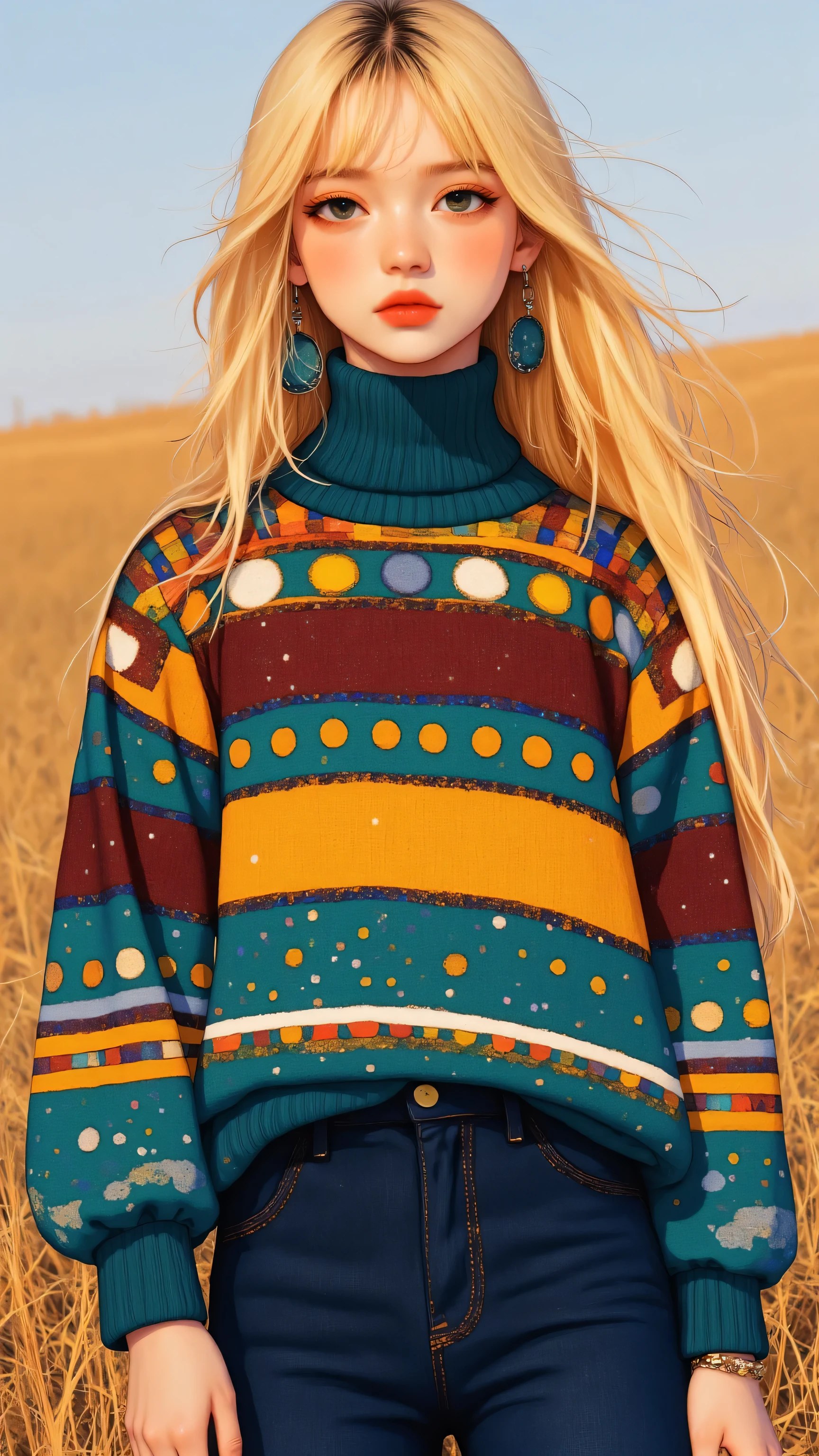 8k, masterpiece, highest quality, Korea's Beautiful Women, medium shot, blonde hair, middle-aged, neutral expression, mock turtleneck sweater, geometric pattern, teal, mustard yellow, maroon, white, black, southwestern design, triangles, diamonds, zig-zag, loose-fitting, dark-colored, jeans, outdoor, dry grass, field, natural lighting, casual, bohemian, earrings, bracelet.