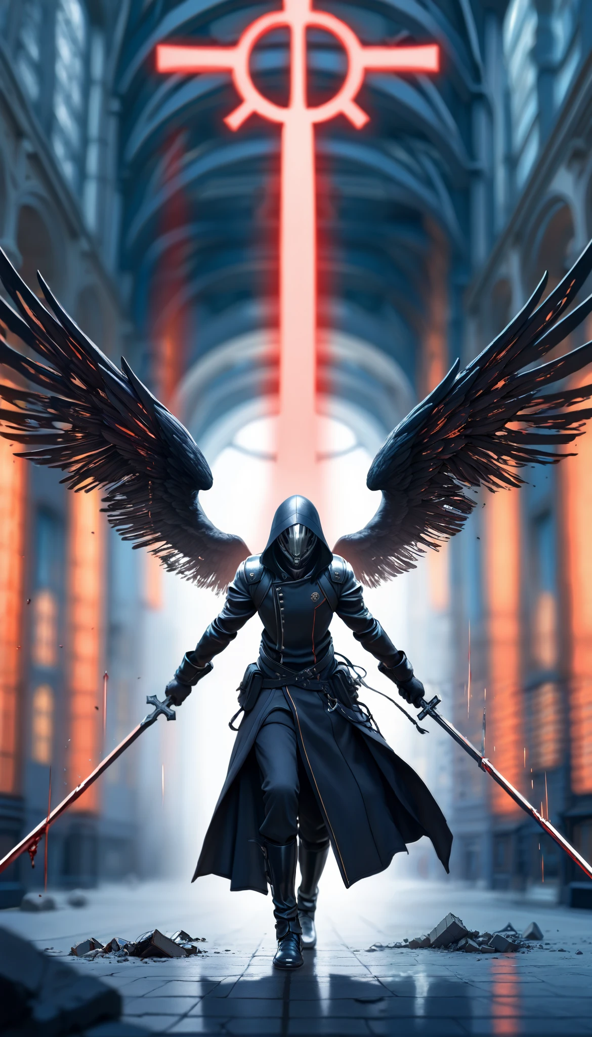 ( masterpiece, The best quality : 1.2), Underground Angel , broken wings, holding a blue silver crucifix , luz de luna, Ominous clouds, Dark fantasy illustration style , dark arts, HIGH CONTRAST, sombras oscuras, atmospheric perspective , melancholic colors , film composition , volumetric lighting, numbers, Brushstrokes, dramatic lighting , ángulo bajo, Surrealism, super detailed, Hyperrealism , ( high quality, 8K, 4k, HIGH CONTRAST, masterpiece: 1.2, 最 high quality, best aesthetic ), Shibuya Crossing, post-apocalyptic, 1 number, focus, intense fight , fighting action pose , ((( Blurred motion effect: 1.6))), Destroyed Tokyo atmosphere , Empty street scene , Broken neon signs , Depressive atmosphere , fast movement , (( Motion blur in the arms)), shadow killer , killing an enemy , destroyed architecture , Blood on the Floor , Less bloodstained , evil energy , cinematic colors , dynamic configurations , atmospheric perspective , epic lighting , (1vs1 ), ( Unfounded ).(Way a way)