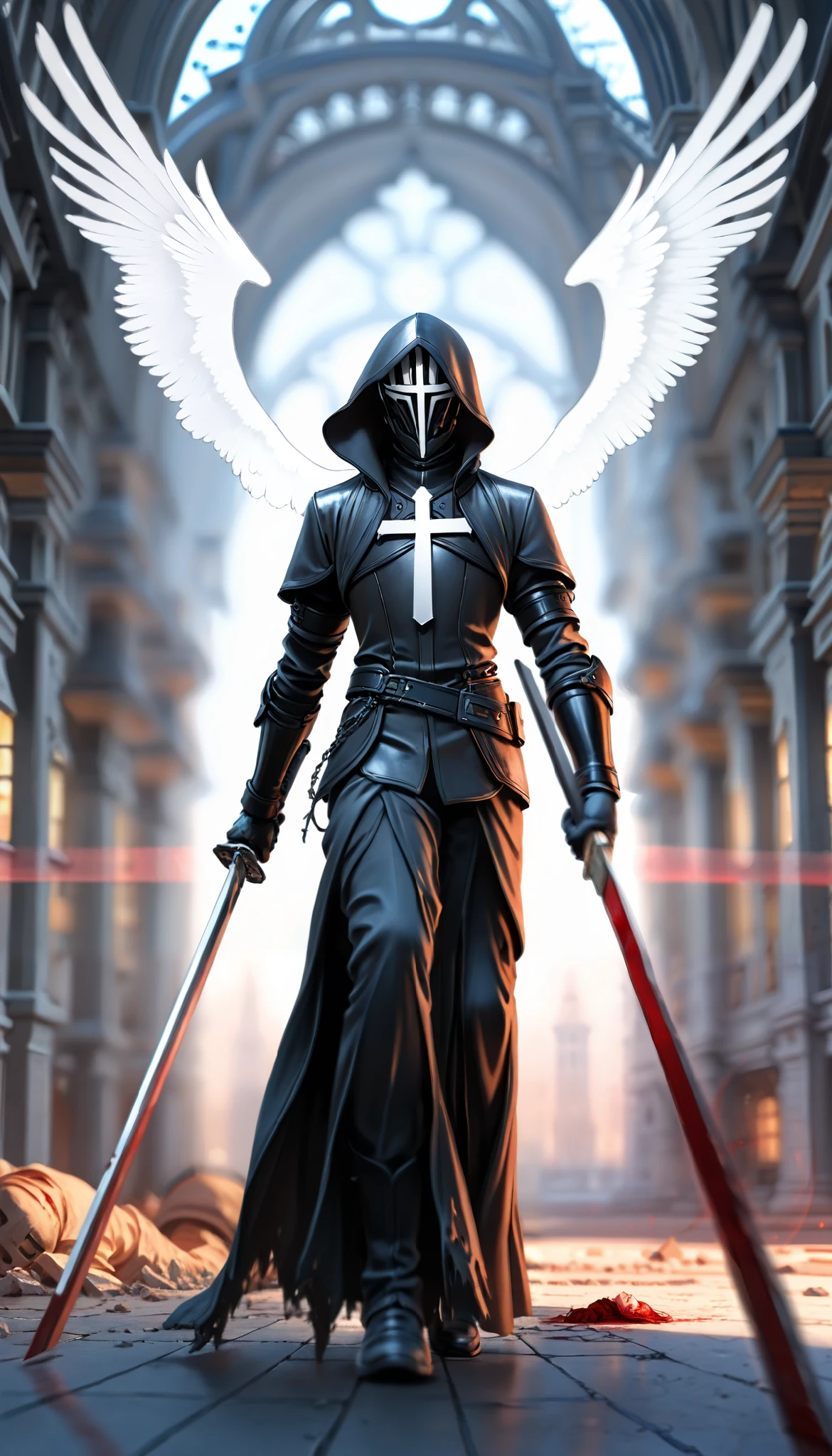 ( masterpiece, The best quality : 1.2), Underground Angel , broken wings, holding a blue silver crucifix , luz de luna, Ominous clouds, Dark fantasy illustration style , dark arts, HIGH CONTRAST, sombras oscuras, atmospheric perspective , melancholic colors , film composition , volumetric lighting, numbers, Brushstrokes, dramatic lighting , ángulo bajo, Surrealism, super detailed, Hyperrealism , ( high quality, 8K, 4k, HIGH CONTRAST, masterpiece: 1.2, 最 high quality, best aesthetic ), Shibuya Crossing, post-apocalyptic, 1 number, focus, intense fight , fighting action pose , ((( Blurred motion effect: 1.6))), Destroyed Tokyo atmosphere , Empty street scene , Broken neon signs , Depressive atmosphere , fast movement , (( Motion blur in the arms)), shadow killer , killing an enemy , destroyed architecture , Blood on the Floor , Less bloodstained , evil energy , cinematic colors , dynamic configurations , atmospheric perspective , epic lighting , (1vs1 ), ( Unfounded ).(Way a way)