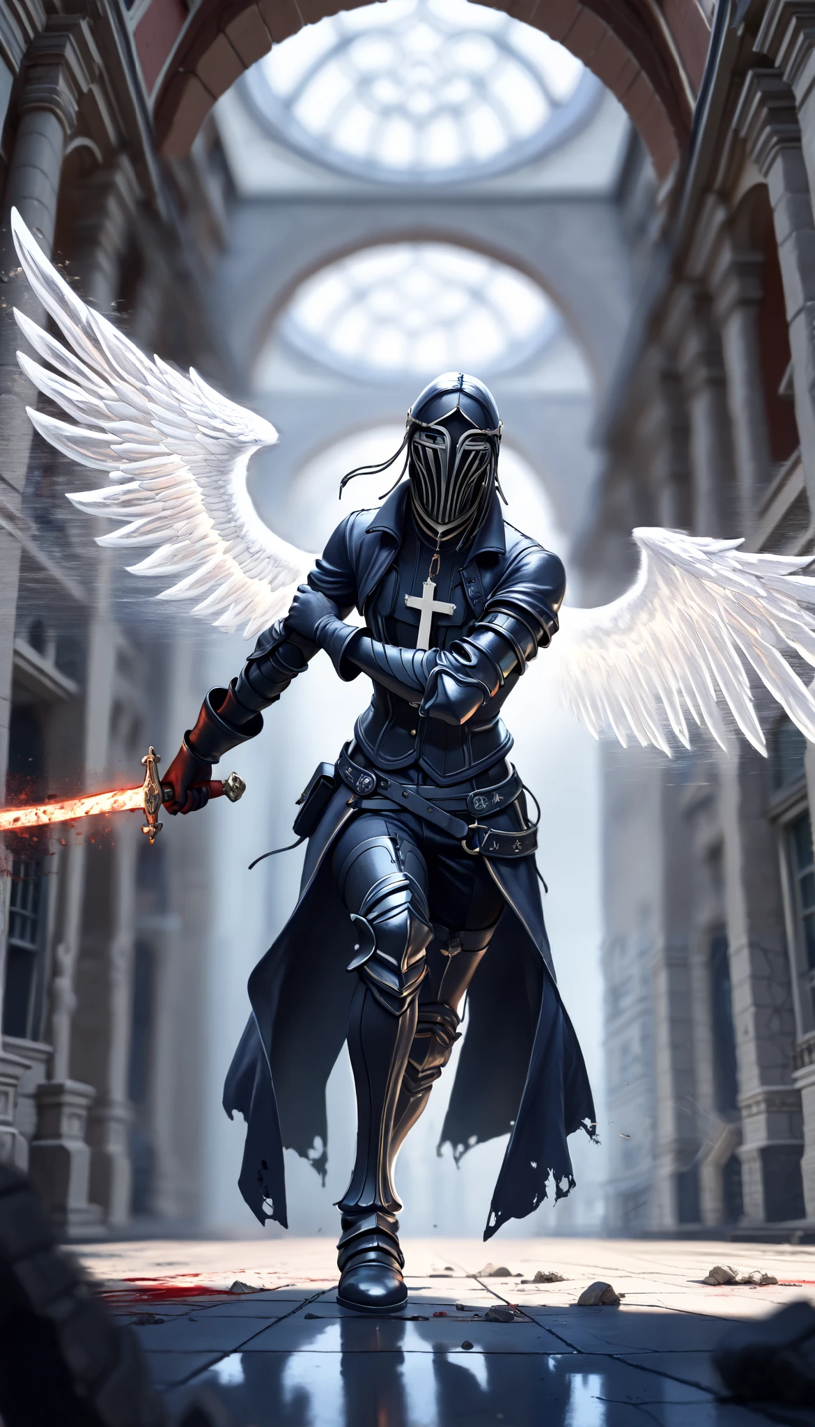 ( masterpiece, The best quality : 1.2), Underground Angel , broken wings, holding a blue silver crucifix , luz de luna, Ominous clouds, Dark fantasy illustration style , dark arts, HIGH CONTRAST, sombras oscuras, atmospheric perspective , melancholic colors , film composition , volumetric lighting, numbers, Brushstrokes, dramatic lighting , ángulo bajo, Surrealism, super detailed, Hyperrealism , ( high quality, 8K, 4k, HIGH CONTRAST, masterpiece: 1.2, 最 high quality, best aesthetic ), Shibuya Crossing, post-apocalyptic, 1 number, focus, intense fight , fighting action pose , ((( Blurred motion effect: 1.6))), Destroyed Tokyo atmosphere , Empty street scene , Broken neon signs , Depressive atmosphere , fast movement , (( Motion blur in the arms)), shadow killer , killing an enemy , destroyed architecture , Blood on the Floor , Less bloodstained , evil energy , cinematic colors , dynamic configurations , atmospheric perspective , epic lighting , (1vs1 ), ( Unfounded ).(Way a way)