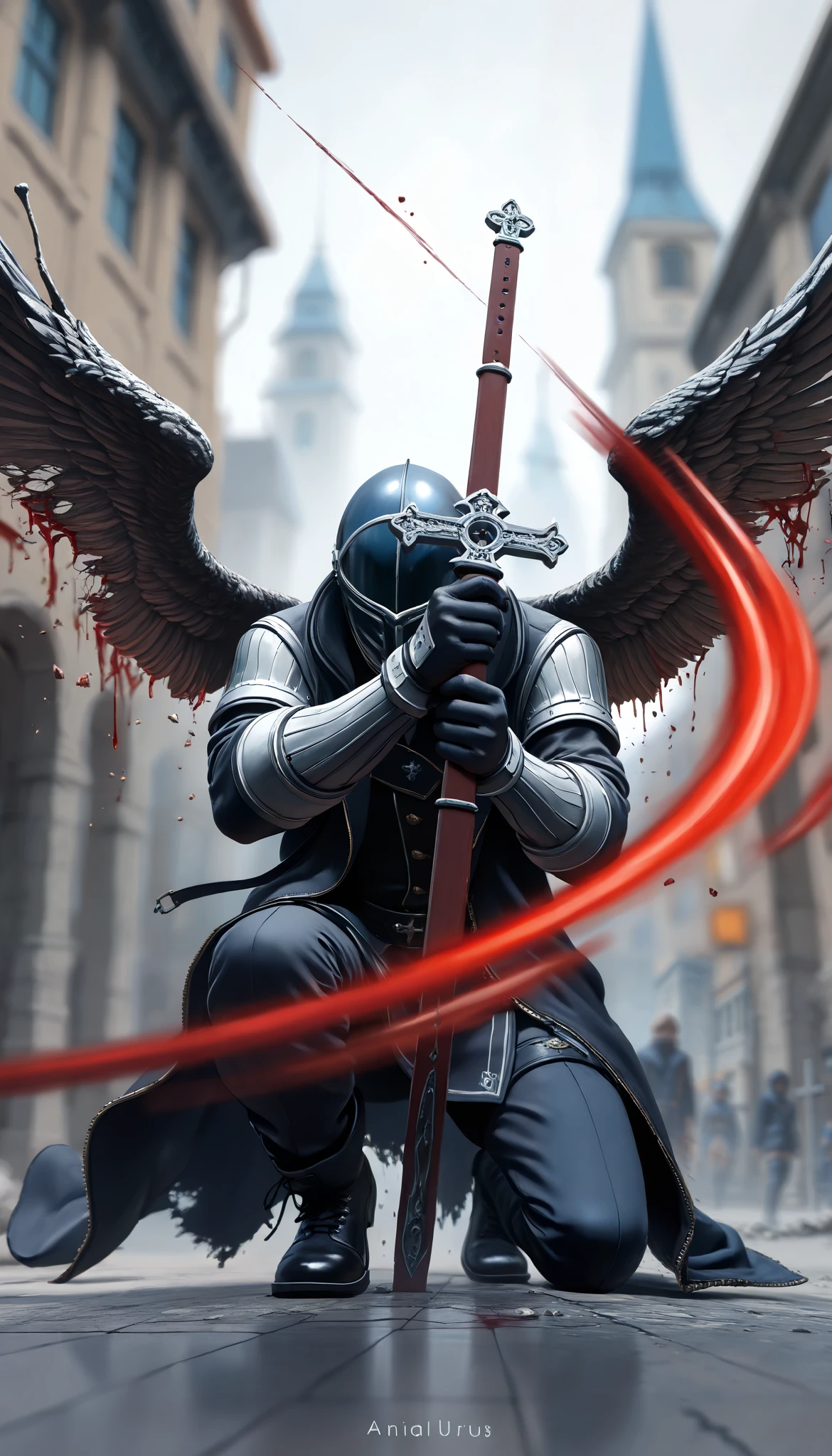 ( masterpiece, The best quality : 1.2), Underground Angel , broken wings,  holding a blue silver crucifix , luz de luna, Ominous clouds,  Dark fantasy illustration style , dark arts, HIGH CONTRAST, sombras oscuras,  atmospheric perspective  ,  melancholic colors ,  film composition ,  volumetric lighting, numbers, Brushstrokes,  dramatic lighting , ángulo bajo, Surrealism,  super detailed,  Hyperrealism , ( high quality, 8K, 4k, HIGH CONTRAST,  masterpiece: 1.2, 最 high quality,  best aesthetic ), Shibuya Crossing,  post-apocalyptic,  1 number, focus, intense fight ,  fighting action pose , ((( Blurred motion effect: 1.6))),  Destroyed Tokyo atmosphere ,  Empty street scene ,  Broken neon signs ,  Depressive atmosphere ,  fast movement , (( Motion blur in the arms)),  shadow killer ,  killing an enemy  ,  destroyed architecture ,   Blood on the Floor ,  Less bloodstained ,  evil energy ,  cinematic colors ,  dynamic configurations ,  atmospheric perspective ,  epic lighting , (1vs1 ), ( Unfounded ).(Way a way)