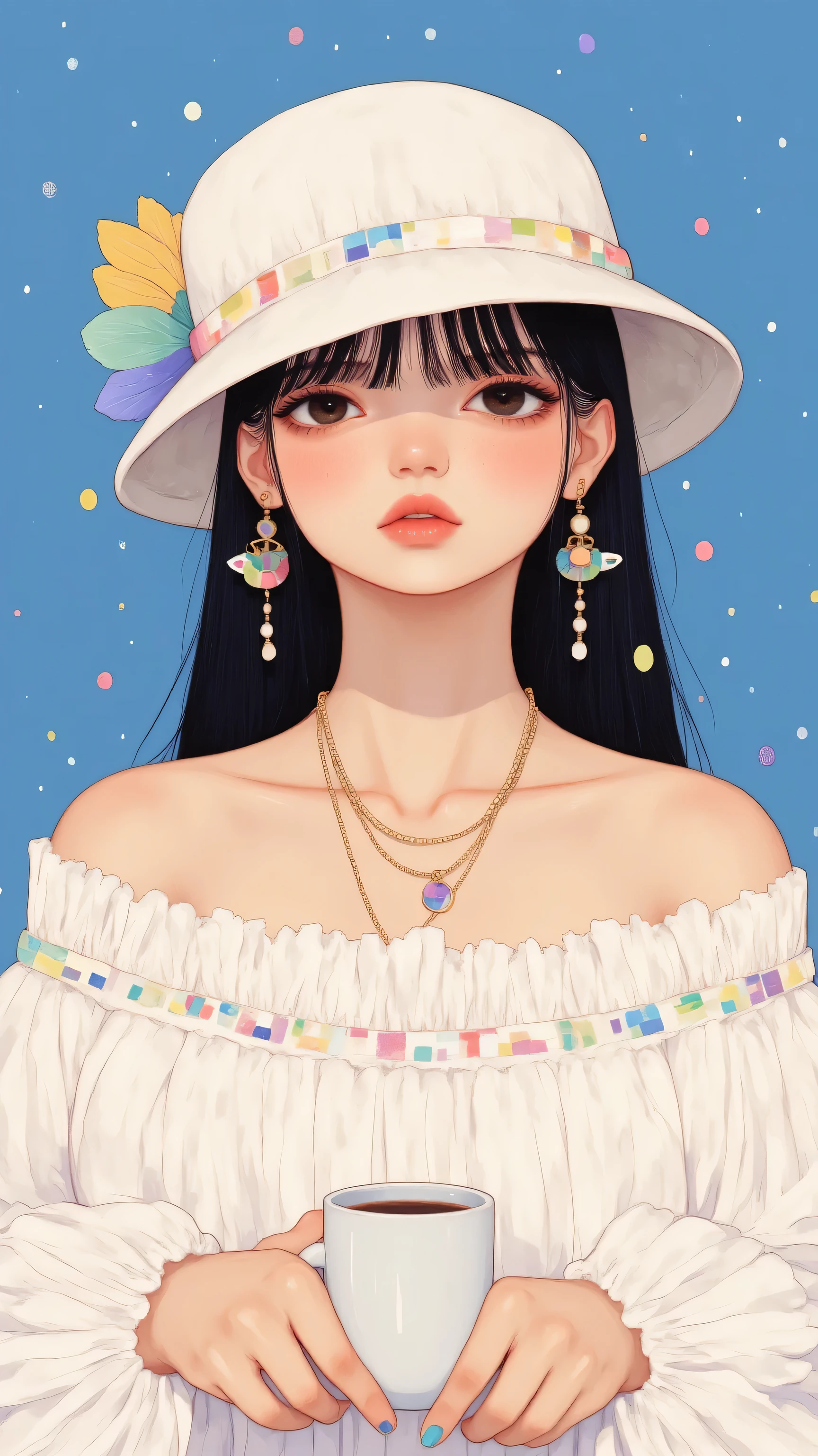 8k, masterpiece, highest quality, Korea's Beautiful Women, Close-up, frontal, slightly low angle. Dark hair, dark eyes, fair skin, full lips, delicate features. White hat, feather embellishments, white off-the-shoulder sweater, feather sleeves, necklace, earrings, white handbag. Elegant pose, holding handbag. Solid light blue background.