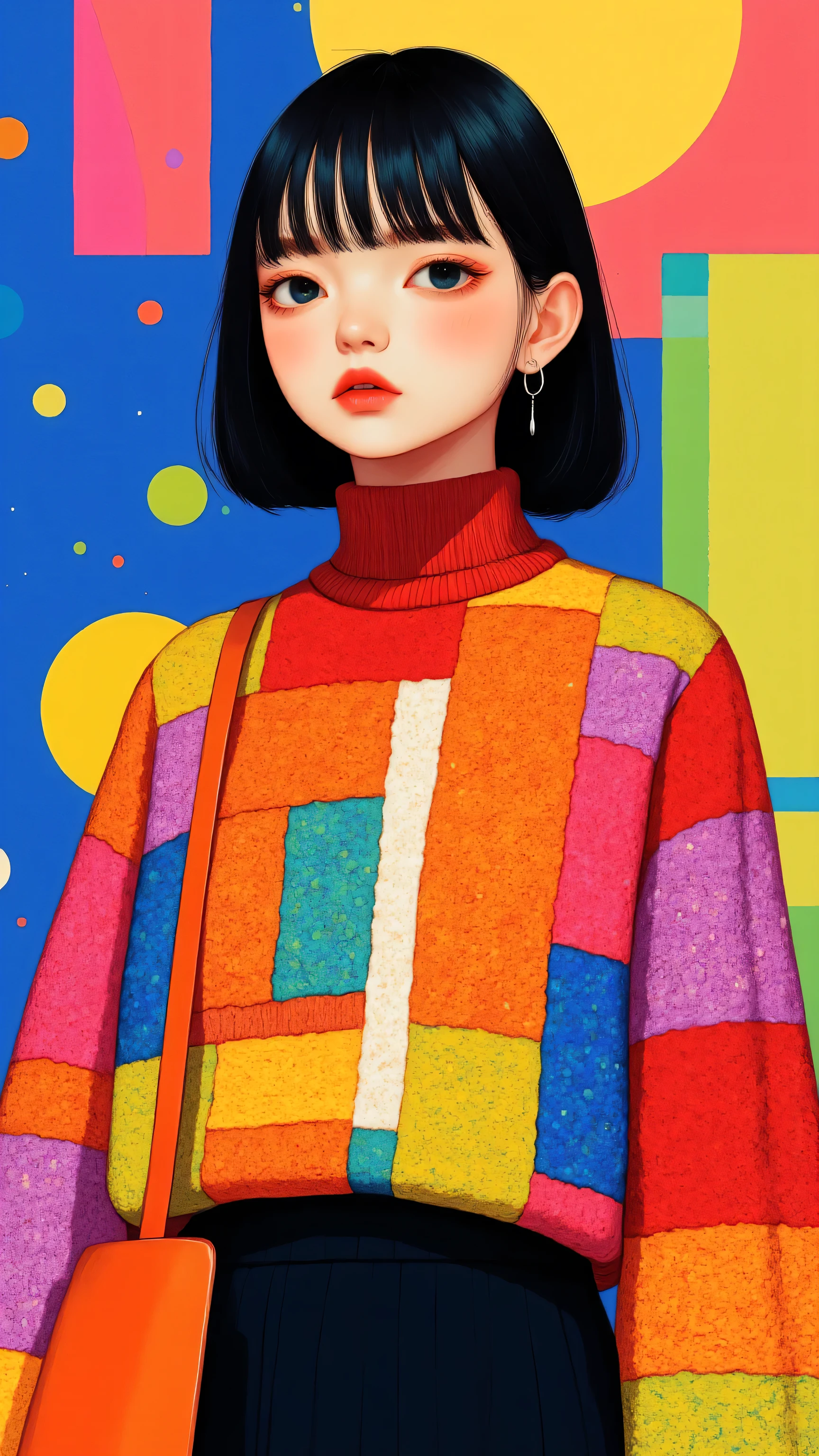 8k, masterpiece, highest quality, Korea's Beautiful Women, vibrant chunky knit sweater, oversized color wool clothing, bold geometric pattern, burgundy turtleneck, pink orange purple green yarn, avant-garde knit design, high fashion, urban background, serious expression, center part dark hair, orange leather handbag, black bottom,