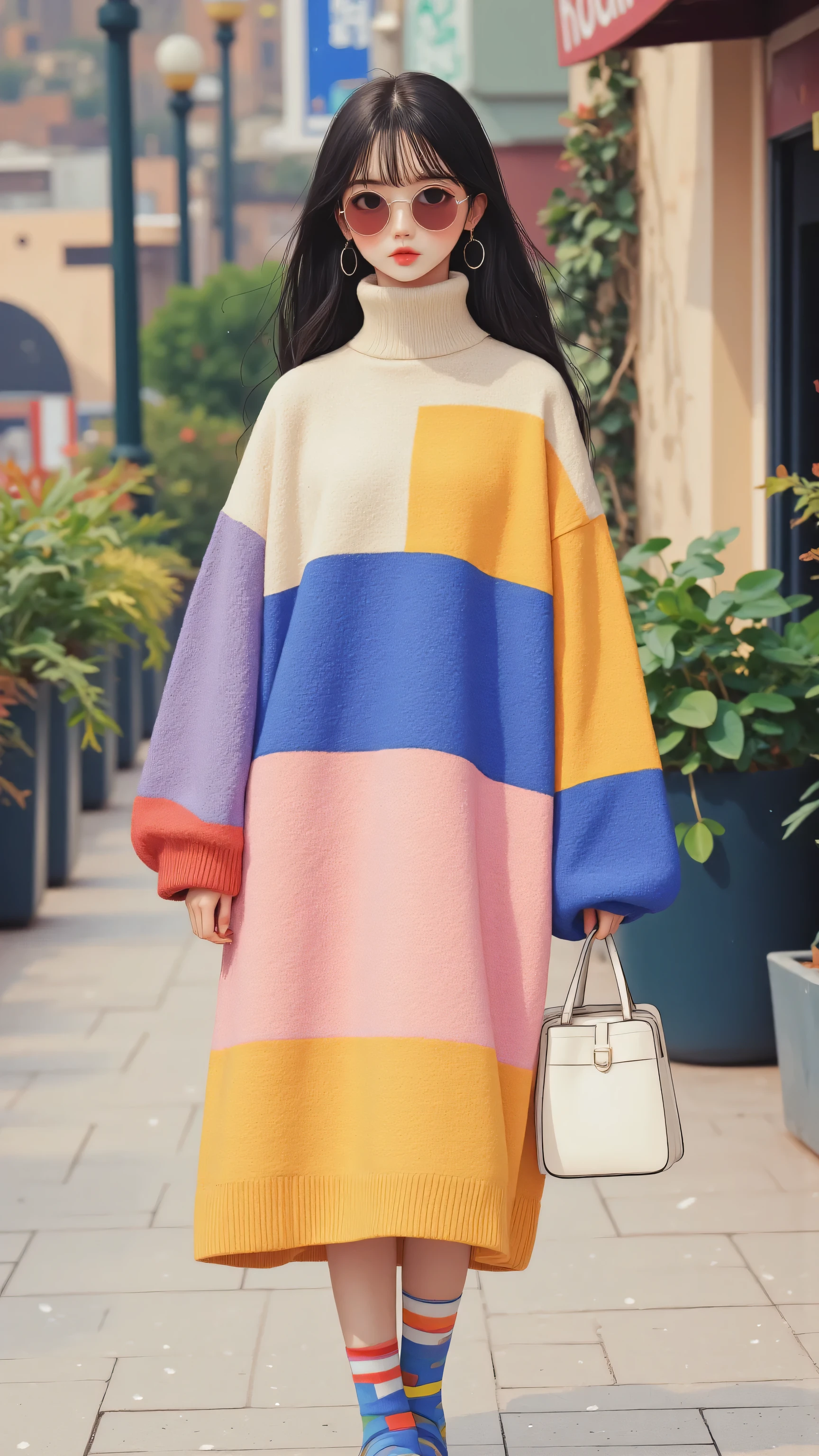 8k, masterpiece, highest quality, Korea's Beautiful Women, Pastel color block sweater dress, long knit turtleneck, oversized cozy style, sunglasses, white handbag, city background, sidewalk, soft lighting, candid pose.