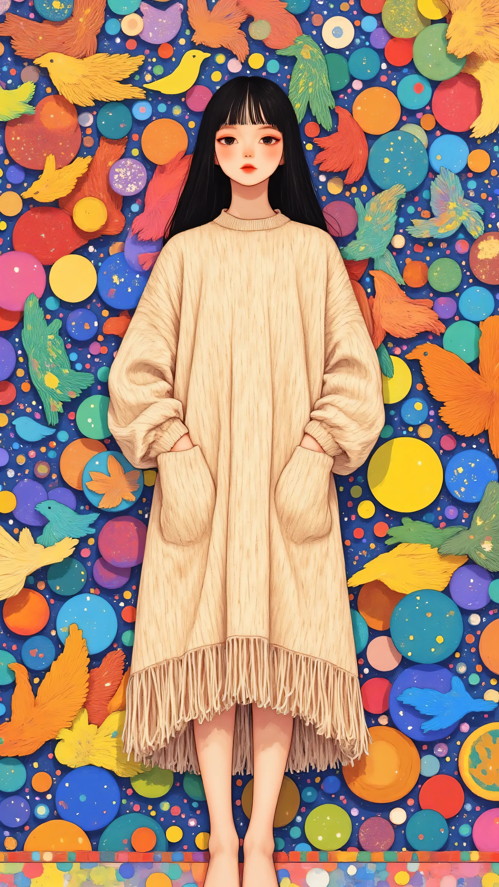 8k, masterpiece, highest quality, Korea's Beautiful Women, Oversized Beige Knit Sweater Dress, Texture Thread Fringe, Colorful Silball Background, Pastel Color, Stone-like Texture, Avant-Garde Knit, Ancient Contrast, Bold Eyebrows, Barefoot, Textile Art Installation, Surreal, Tactile.