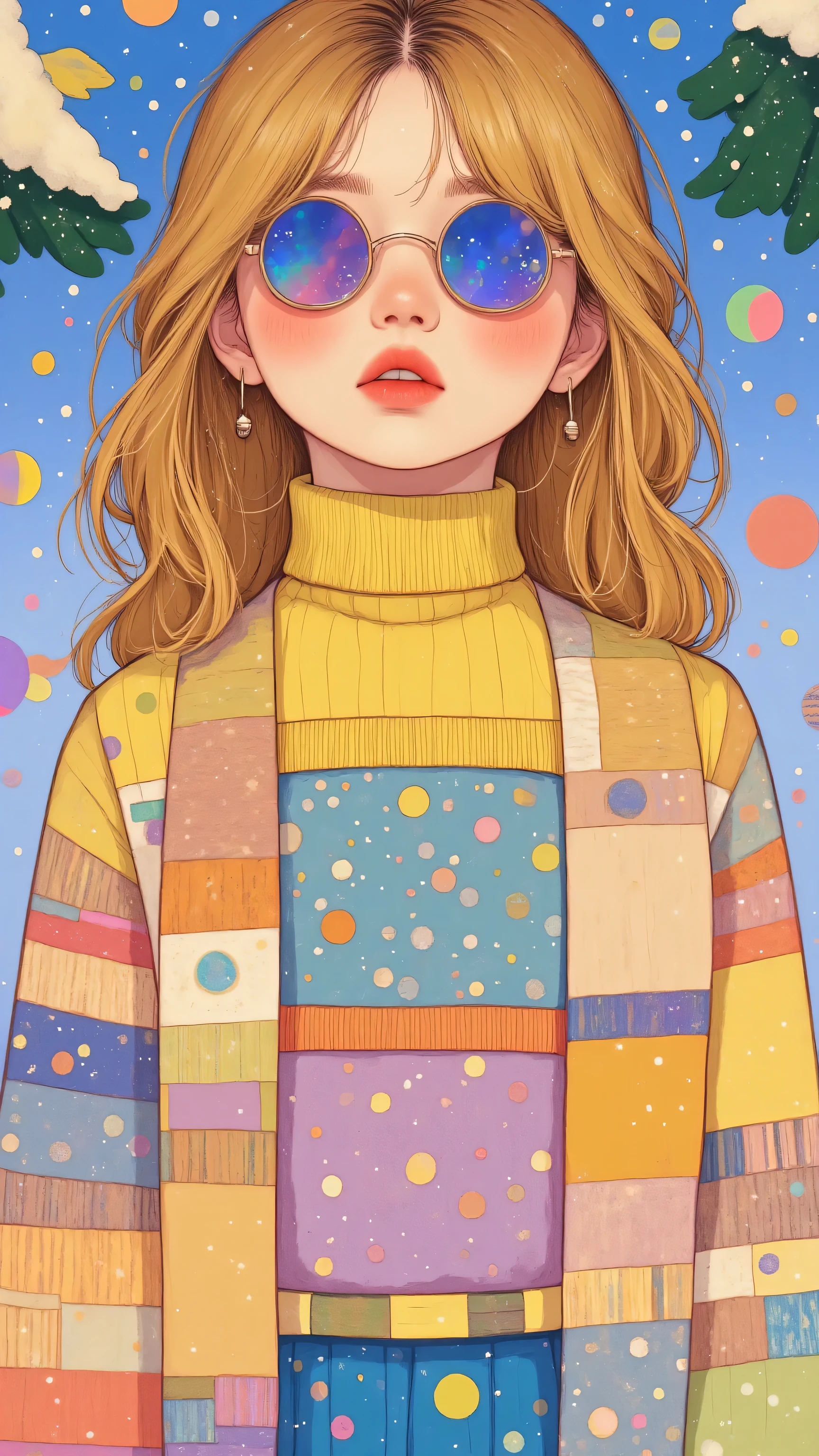 8k, masterpiece, highest quality, Korea's Beautiful Women, Close-up, blonde, wavy hair, half-updo, rainbow-striped, turtleneck, sweater, pastel, long-sleeved, knit, round sunglasses, iridescent lenses, rainbow reflection, delicate earrings, subtle makeup, snow, winter setting, blurry background, trees, cheerful, bright, retro, playful.