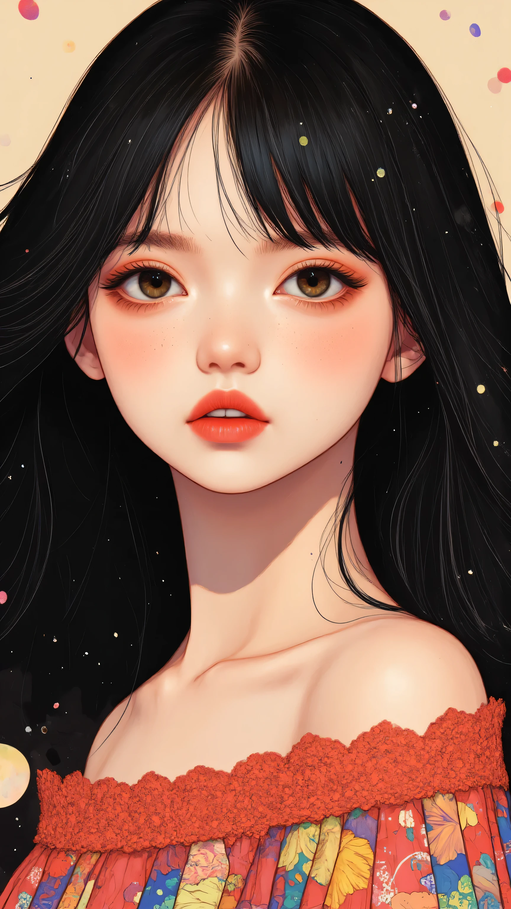 8k, masterpiece, highest quality, Korea's Beautiful Women, Close-up, Long wavy dark hairstyle, voluminous hairstyle, off-shoulder white lace dress,