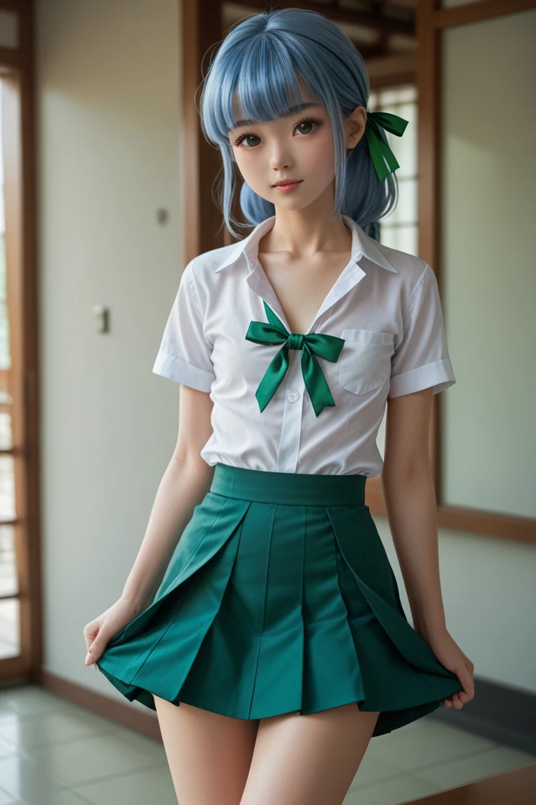Hot girl, green hair, green eyes, sexy pose, black school clothes, mini skirt