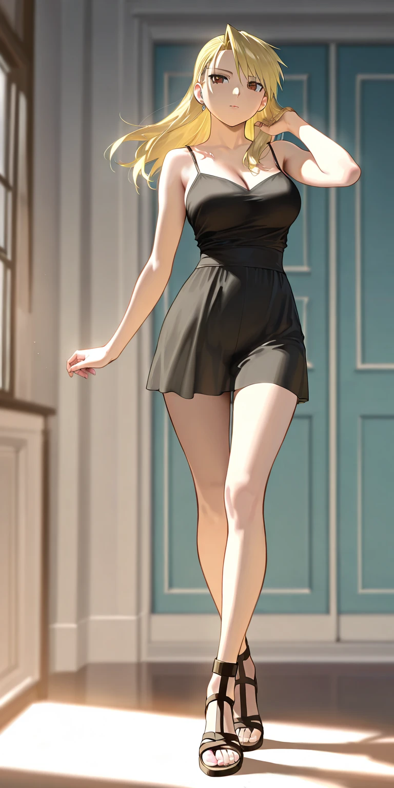 A skinny thin girl with thin arms thin legs and thin waist with big breasts wearing a very deep neck dress standing a seductive pose with seductive expression