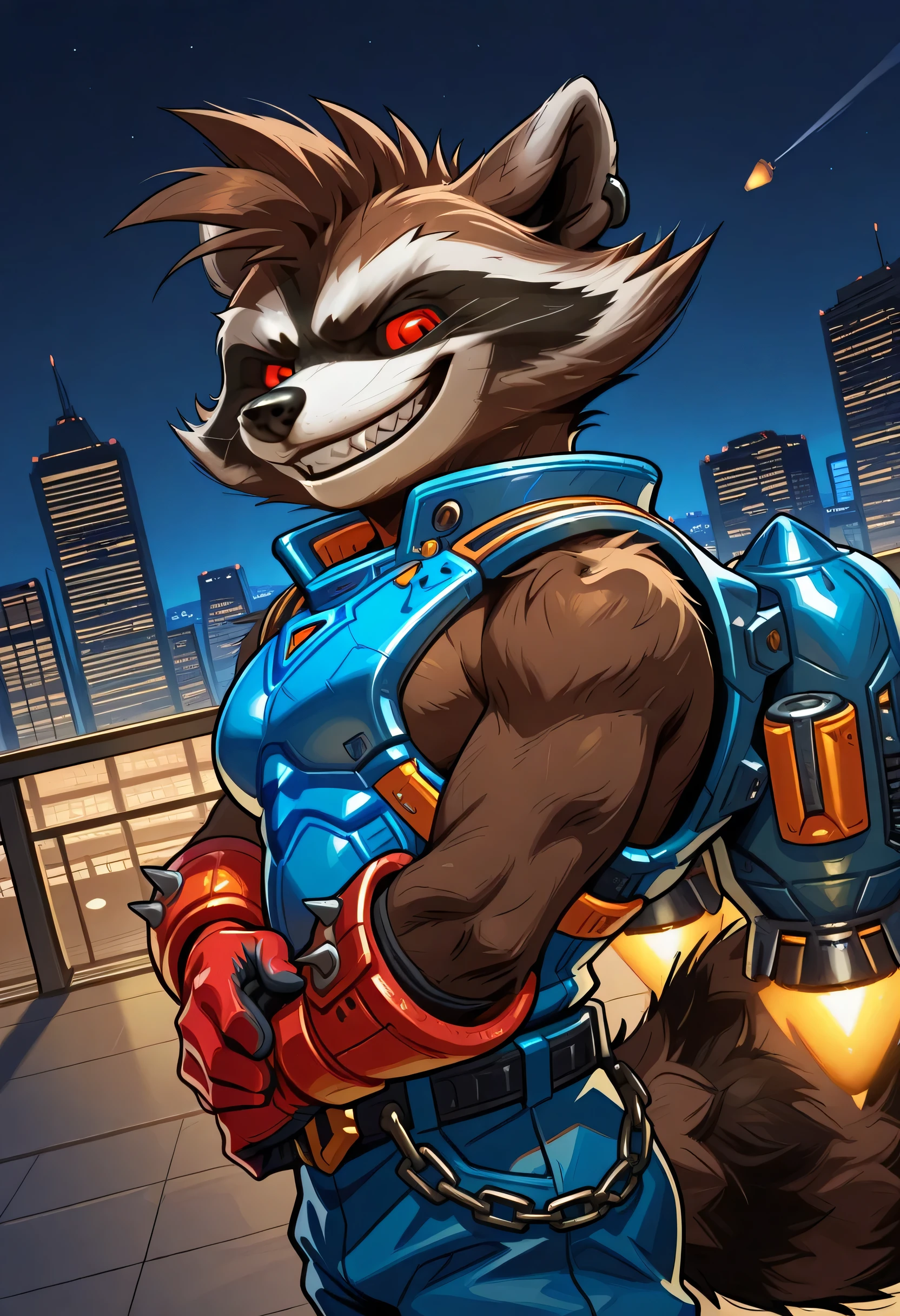 highres, hi res, best quality, masterpiece, intricate details, absurdres, 4k, solo, rocket_raccoon, furry, anthro, raccoon, brown body, brown fur, red sclera, red eyes, black nose, fluffy tail, sharp teeth, fangs, clothed, blue armor, blue pants, red gloves, gloves, jetpack, male, large pecs, short, city background, night, on top of the building, crossed hands, grin, close up, upper body, half body portrait, three quarter view, dutch angle, portrait, side view, looking at viewer,