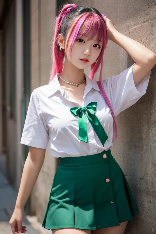 masterpiece, white shirt, green skirt ,red tie, red hair ribbon, white stockings, 8k, lin, green hair