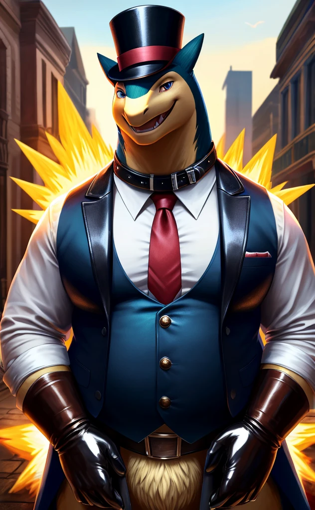 Solo, Male, fat, extremely obese, gentleman, dapper Professor Typhlosion, blue eyes, (posing:1.3), (soft shading), 4k, hi res, ((detailed face, detailed)), looking at viewer, mouth wide open, steampunk, dapper clothing, collared shirt with buttons, top hat, male focus, Explorer Outfit, glasses, monocle, vest with buttons, sleeves rolled up, round eyewear, brown headwear, brown vest, office, Typhlosion is wearing a glossy leather dog collar around the neck, Typhlosion is wearing the leather collar and shirt and vest at the same time, Typhlosion is wearing glossy white rubber gloves on the hands, wearing white rubber gloves on the feet, gloves are rubber in texture, clenching teeth, clenching fists, leather collar is glossy and shiny with a lot of detail, Typhlosion is wearing gloves and leather collar at the same time, leather collar has a round dog-tag, leather collar is thick and detailed, leather collar is glossy and shiny, fancy clothing, dapper vest, dapper shirt, leather collar is thick, glossy leather collar.