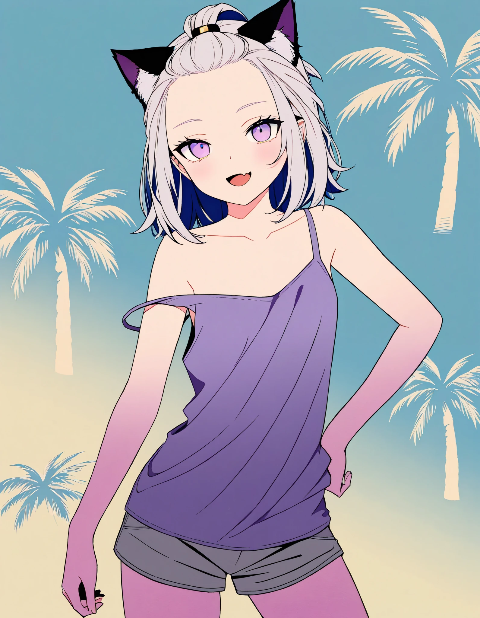 ((Masterpiece)), ((best quality)), (8K), (wide shot), (flat color, flat shading:1.2), (detailed background:1.2), (super detail:1.2),(High Definition:1.3), (Professional Photography:1.2), (very aesthetic:1.2), (absurdres:1.2), (sharp focus), ((1girl)), age Girl, (Textured skin), (Realistic skin), (pale purple eyes, gradient eyes, upturned eyes), (platinum-gold hair), (bangs pinned back, cute forehead), gradient hair, blue color Hair Tip, (medium hair), small breast, (Healthy Gaunt body), (open mouth wide, skin fang), seductive smile, blush, (cute cheeks), glossy lips, pouty lips, (lower eyelashes), (tilt head), put on cat ears, Beautiful collarbones, BREAK, ((Oversized loose croptop, pale purple tanktop, strap slip)), (slightly exposed small chest), Ethnic gray shorts, ((place hands to hip)), ((contrapposto, legs apart)), outside the on the tropical country, Silhouette of palm tree, sunnyday,