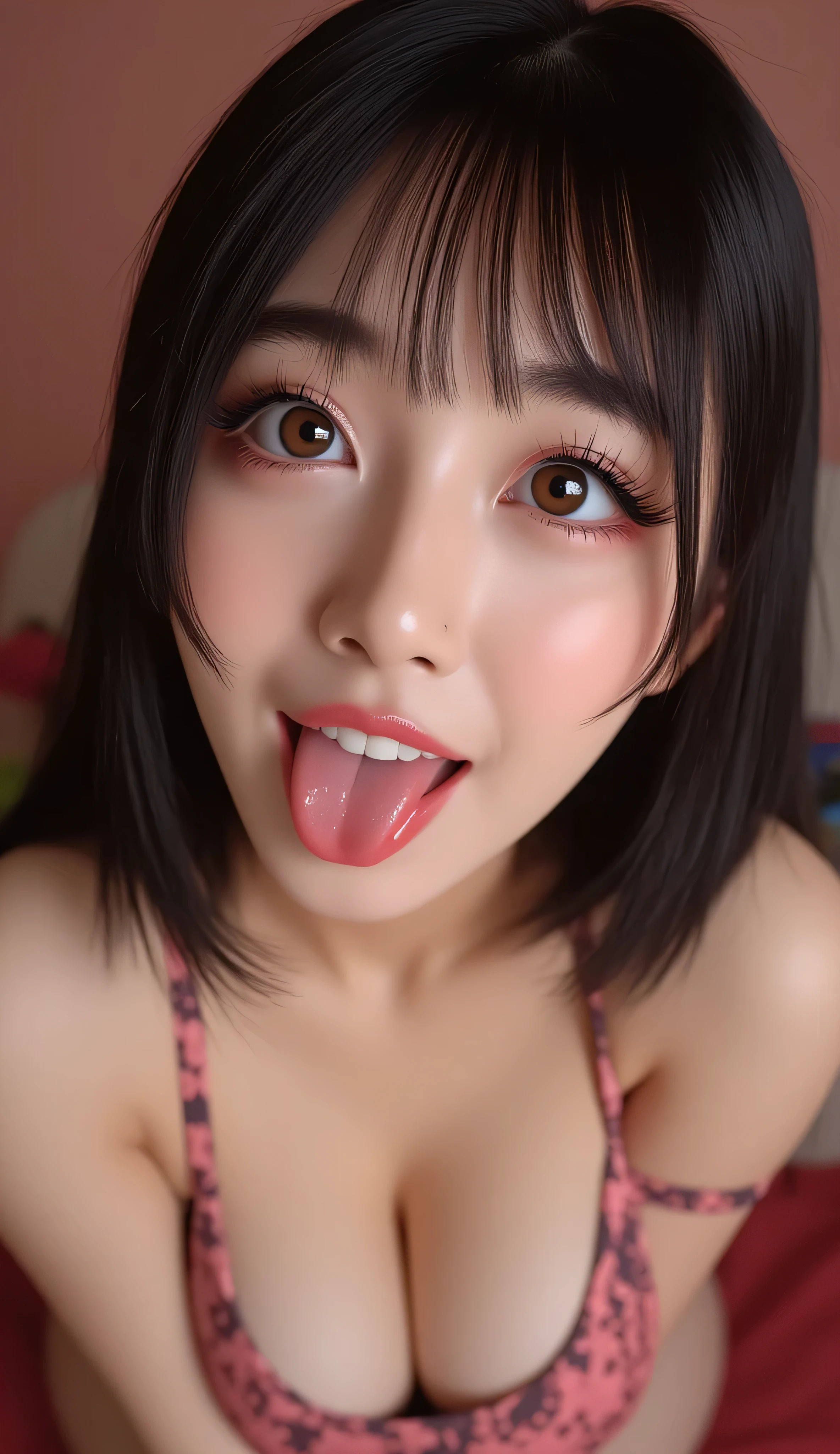 ((Best Quality, 8K, Masterpiece: 1.3)), beautiful Asian Korean e-girl streamer makeup, push-up sports bra that emphasize perfect big cleavage, amazing breast enhancement, hard blush make up: 1.5, perfect long strong winged eyeliner, perfectly smoky eye shadow, perfect soft cleavage, round tongue out, perfect, chubby chin, , beautiful eyes detail, upper body composition, perfect full red lips, lively face, lustful look, perfect squeezed cleavage line, rounded cleavage line, feeling exceptionally seduced, perfection, perfect mascara, skin detail, she absolutely fucking loves showing her cleavage to you, refined eyelashes, refined eyeliner, perfect composition, looking at you, leaning forward displaying downblouse, white highlight in eyes, begging, she's like "mhm you like my amazing breasts?”, extremely teasing, perfect soft natural like breast that gives a clear perfect soft cleavage, long eye lashes: 1.3, beautifully and perfect eye, beautiful, brown eyes, thick eye brows, smiling teasingly