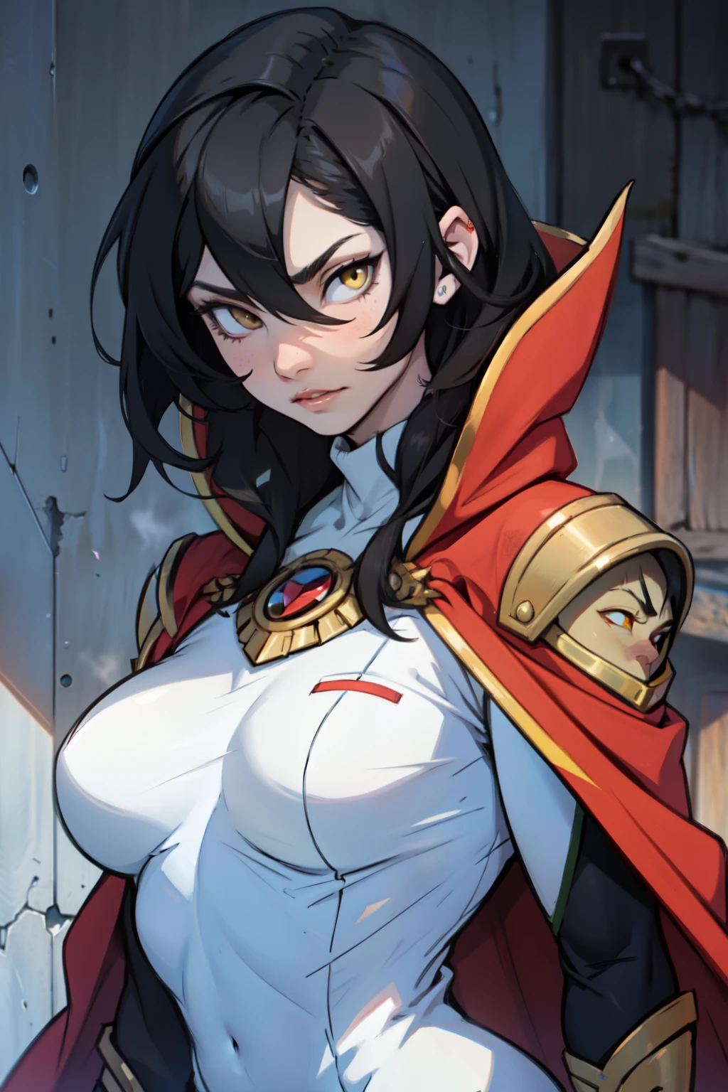 (high resolution, pixel perfect, gorgeous illustrations), (hyper quality, muste piece, etheric: 1.4), ((solo, 1girl)), ((nsfw)), ((breast sucking)), (((((squatting))))), cool atmosphere, black hair, ((Exquisite face)), ((((vulgarity)))), (((((((muscular))))))), ((thick thighs)), (((wide hips))), ((Big breasts that are about to burst)), fighter, (((wh_chi_armor))), ((black_zentai, black_bodystocking)), see through, ((cameltoe)), shiny skin, gleaming skin, sweat, simple background,