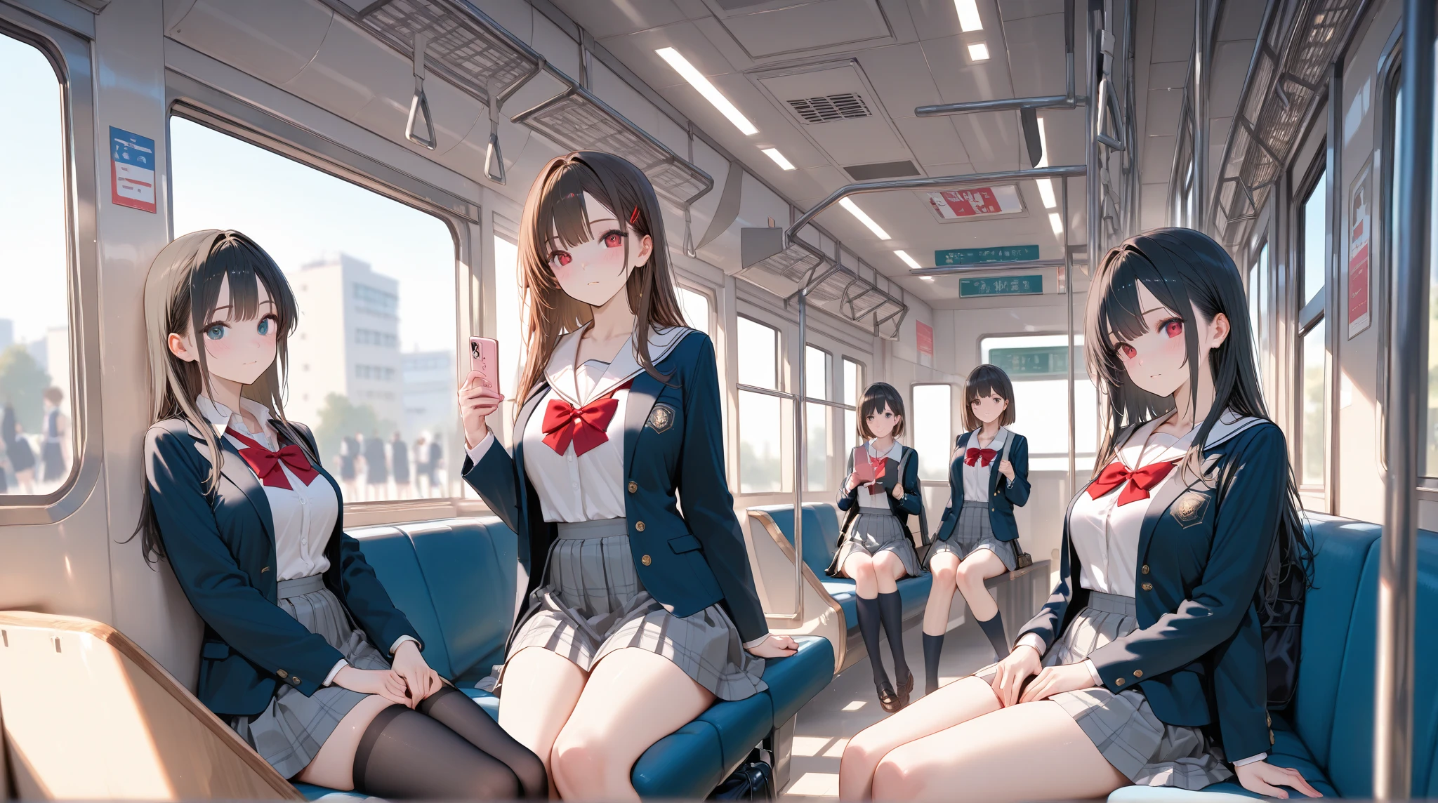brown hair、droopy eyes、ponytail、round glasses、long hair、droopy eyes、big breasts、thighs、long legs、High School Uniform、blush、holding cell phone、skirt lift、spread your legs、I can see your panties、sitting on a train seat、Inside the train、Sitting face-to-face、sunlight、daytime、Angle from the front