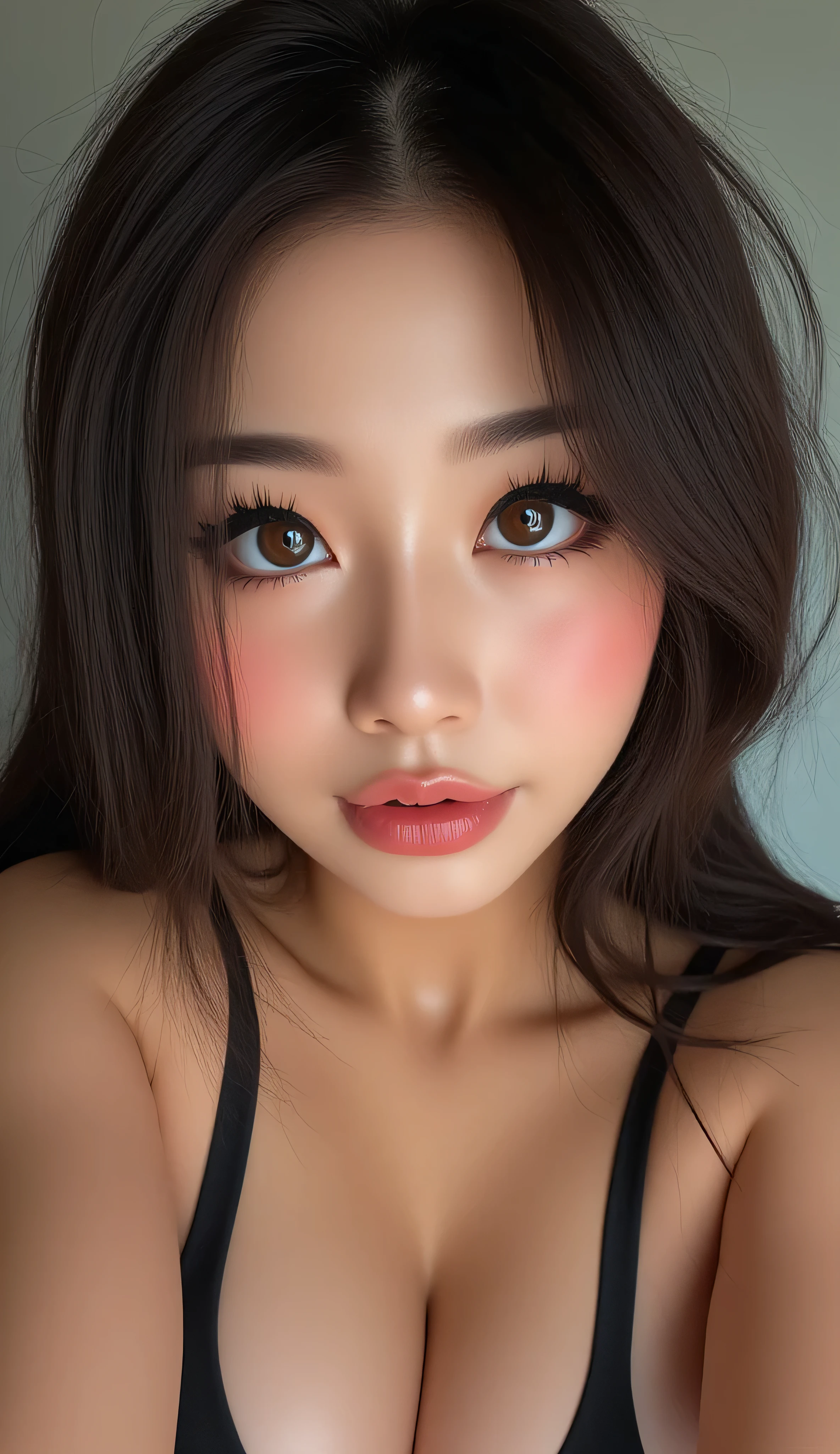 ((Best Quality, 8K, Masterpiece: 1.3)), beautiful Asian Korean e-girl streamer makeup, push-up sports bra that emphasize perfect big cleavage, amazing breast enhancement, hard blush make up: 1.5, perfect long strong winged eyeliner, perfectly smoky eye shadow, perfect soft cleavage, round tongue out, perfect, chubby chin, , beautiful eyes detail, upper body composition, perfect full red lips, lively face, lustful look, perfect squeezed cleavage line, rounded cleavage line, feeling exceptionally seduced, perfection, perfect mascara, skin detail, she absolutely fucking loves showing her cleavage to you, refined eyelashes, refined eyeliner, perfect composition, looking at you, leaning forward displaying downblouse, white highlight in eyes, begging, she's like "mhm you like my amazing breasts?”, extremely teasing, perfect soft natural like breast that gives a clear perfect soft cleavage, long eye lashes: 1.3, beautifully and perfect eye, beautiful, brown eyes, thick eye brows, smiling teasingly, arms up