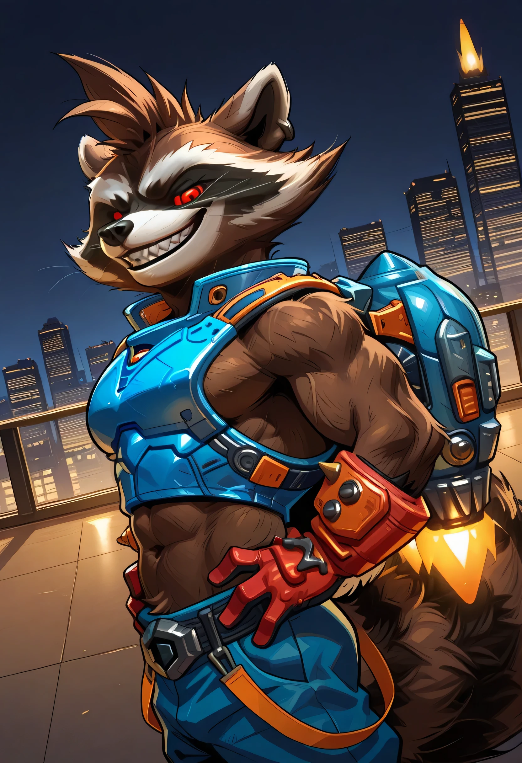 highres, hi res, best quality, masterpiece, intricate details, absurdres, 4k, solo, rocket_raccoon, furry, anthro, raccoon, brown body, brown fur, red sclera, red eyes, black nose, fluffy tail, sharp teeth, fangs, crop top, abs, blue armor, blue pants, red gloves, gloves, jetpack, male, large pecs, short, city background, night, on top of the building, hands on hips, grin, close up, upper body, half body portrait, three quarter view, dutch angle, portrait, side view, looking at viewer, muscular arms