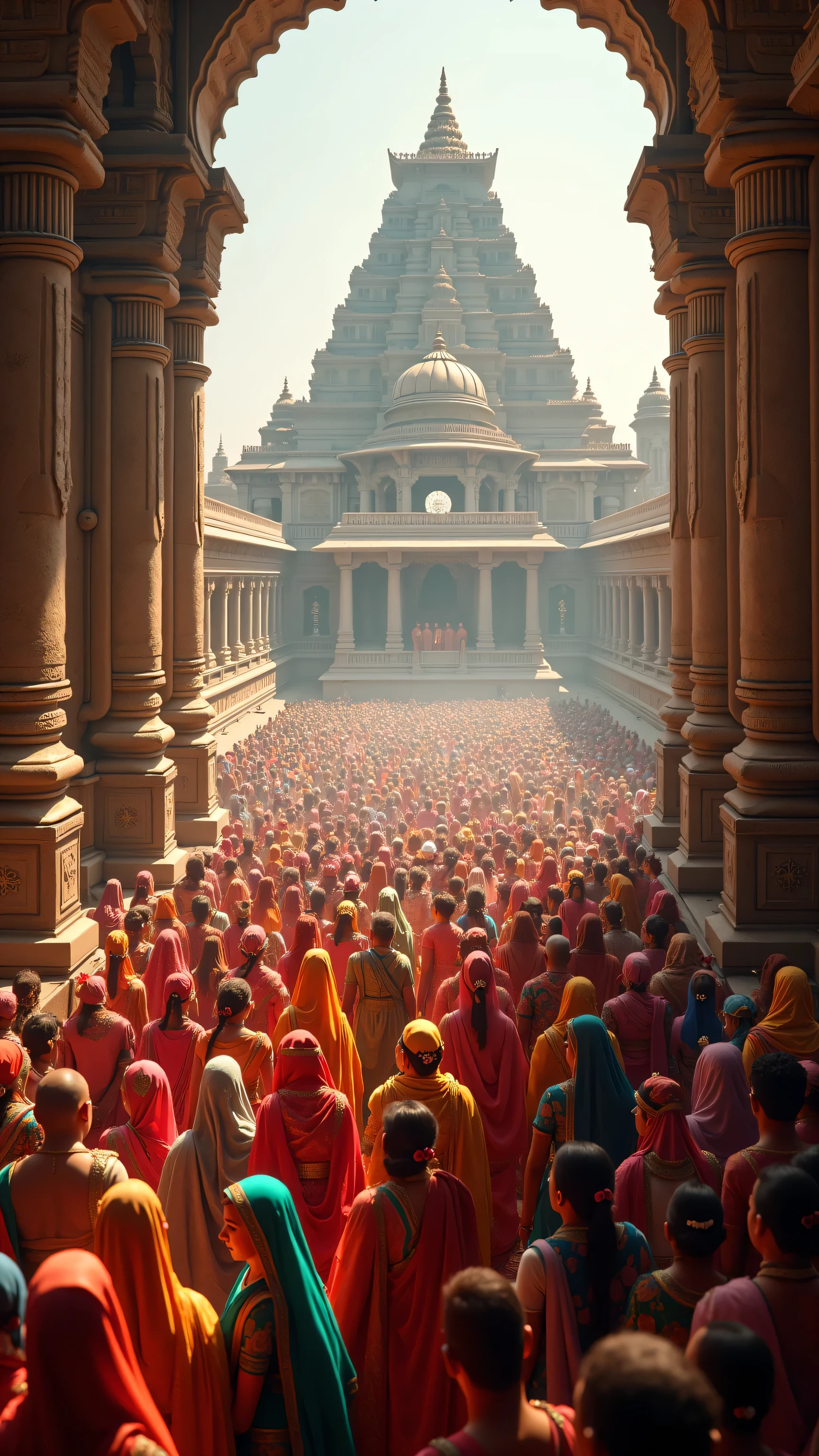 Gorakshanath Temple: A grand temple dedicated to Guru Gorakhnath, with intricate carvings, ancient architecture, and devotees engaged in worship. In dall e-3 style