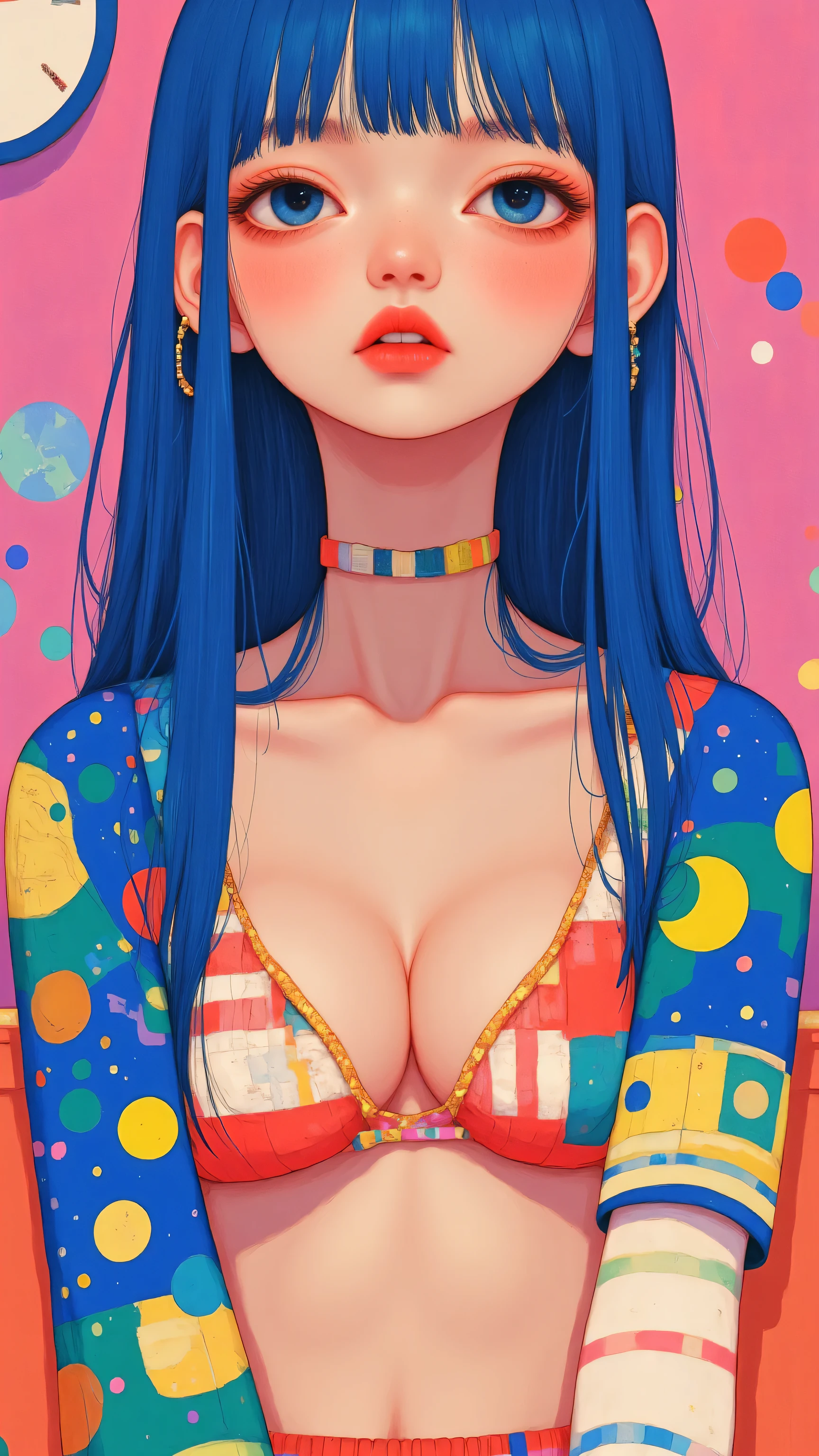 8k, masterpiece, highest quality, Korea's Beautiful Women, Low-angle, close-up, Ryuko Matoi, dark blue hair, red accents, striped bikini, knee-high socks, relaxed pose, leaning, retro vending machine, pink wall, neon sign, Motel Cafe, bright lighting, pastel colors, playful, suggestive, photoshoot, vintage setting.
