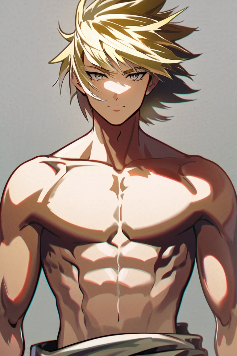 score_9, score_7_up BREAK (Short, unkempt hair、Spiky hair、Yellow Hair、) (Slender body、slim、Sunburned skin、Dark Skin、Athletic build、plump belly、belly button、) Black Lips、Black Shirt、Torn clothes、Dynamic pose、Upper Body、Contour