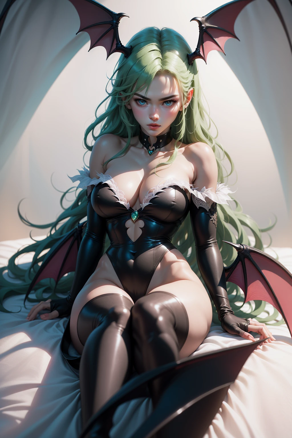1 adult woman, Mature Woman, Official art, the Extremely Detailed CG Unity 8K Wallpapers, Perfect Lighting, Colorful, facial portrait, Sexy mood, breasts, Bangs, Diabolical_girl, Head_Wings, animal_print, pantyhose, Bat_Wings, Bare_shoulders, cleavage, Large_breasts, Black_Wings, long, bright green hair, Green eyes with long slit pupils, Black sheer see through panties, Lying in a bed, legs spread wide open, cameltoe, Bedroom, Wet, Drenched, Nipples sticking out from under the bikini, nipple see through bra, tight pussy, gloat, Make eye contact with the camera,