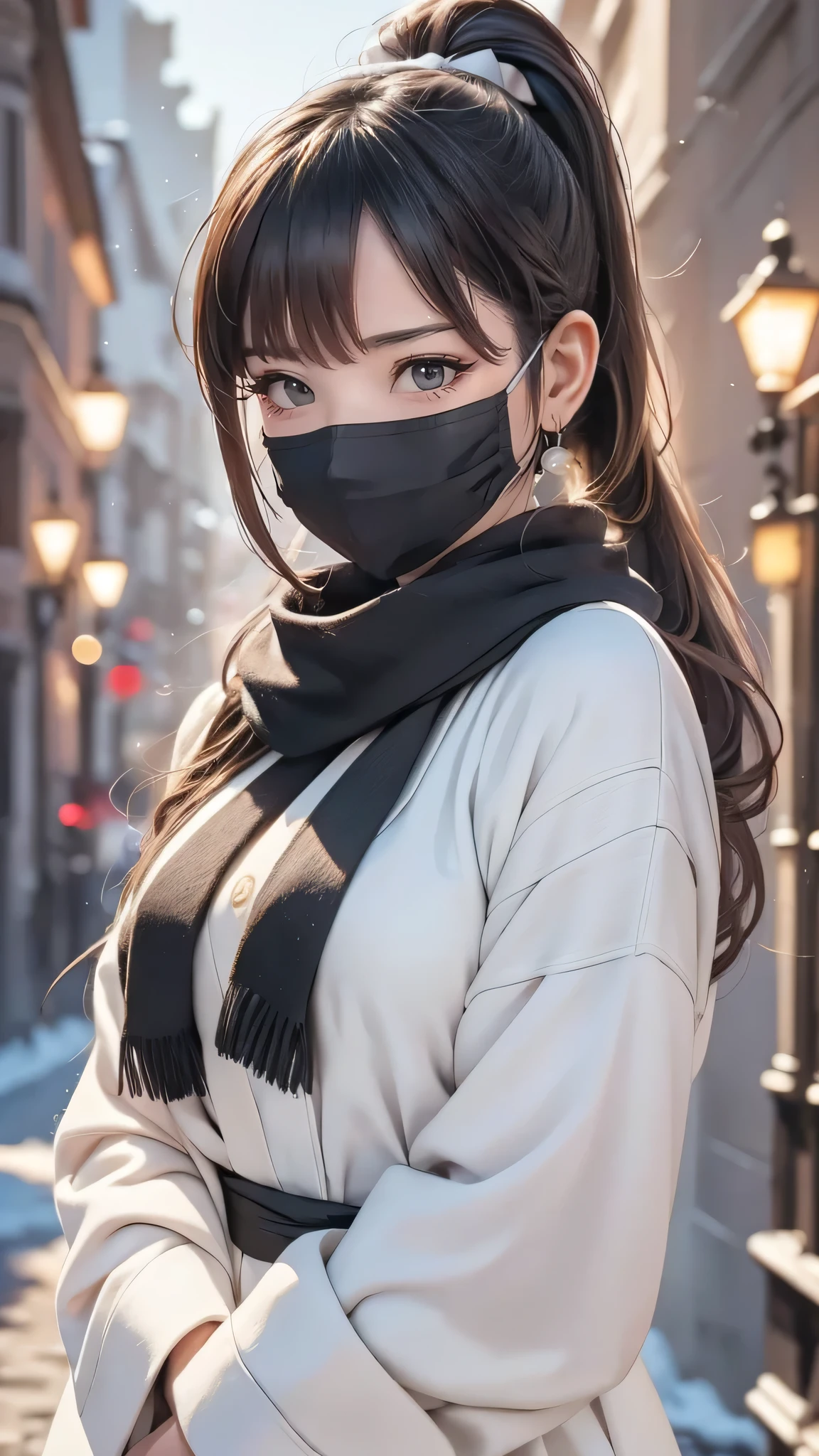 (Wearing a black face mask:1.3),blush,long hair ponytail,big ribbon in her hair,(8K, Raw photo, best quality, muste piece:1.2), (Reality, photorealistic:1.4), (Highly detailed 8K wallpaper),  sharp focus, Depth of bounds written, cinematic lighting, soft light, detailed beauty eye,Shiny and smooth light brown ponytail, asymmetrical bangs, shiny skin, super detailed skin ,high resolution, high detail, detailed hairstyle, detailed beauty face, hyper real, perfect limbs, perfect anatomy ,1 Japanese girl,famous japanese idol, perfect female body,shy smile,short eyelashes,double-edged eyelids,look straight here,Hair style  ponytail,wear a ribbon, office,long ponytail hairstyle,Wearing scrunchies,wearing a long coat,The Street,stand straight and pose,So that the whole body can be seen,winter,warm clothes,look straight at me,wearing a scarf,It's snowing,european cityscape,cobblestone road,European churches can be seen in the background,in front of a church in europe,night time,illumination  shining, from below:1.4