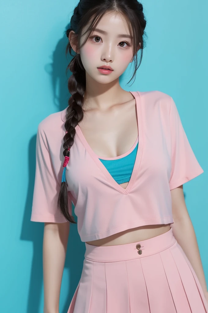 Create an image with a blue background mixed with pink and blue, and in front a black silhouette of a woman with pigtails and pants full of ribbons 