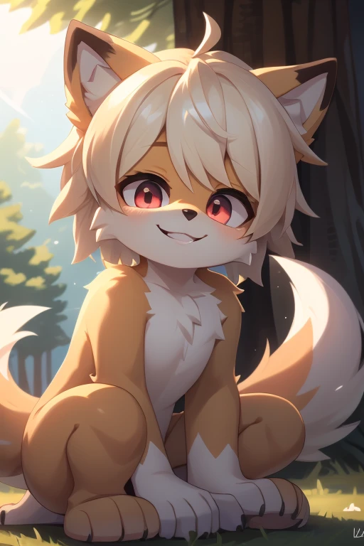  (epic, dynamic angle)top quality, best quality, High-quality , (kemono, super handsome 1boy, solo focus)( boy, furry anthro)(highly detailed beautiful face and eyes)absurdres, perfect anatomy, smile, happy, dynamic angle, Best image quality, 4K, masterpiece,  red eyes, innocent boy, Cute and soft, young, Sacred Eye, Beautiful Hair, View Lens, Face Focus, smile, Delicate facial features, Front lighting, Front light source, Portraiture, Cute feeling, Excellent posture for capturing, Portraiture, red fox，The male，One guy，Furry Fur， Cute little animals，fluffly，White hair，Sitting alone under a tree，leaning against the tree trunk，On the lawn of the park，Pups, night sky, stars，Close-up of cute characters, mascot boy, gold eyes