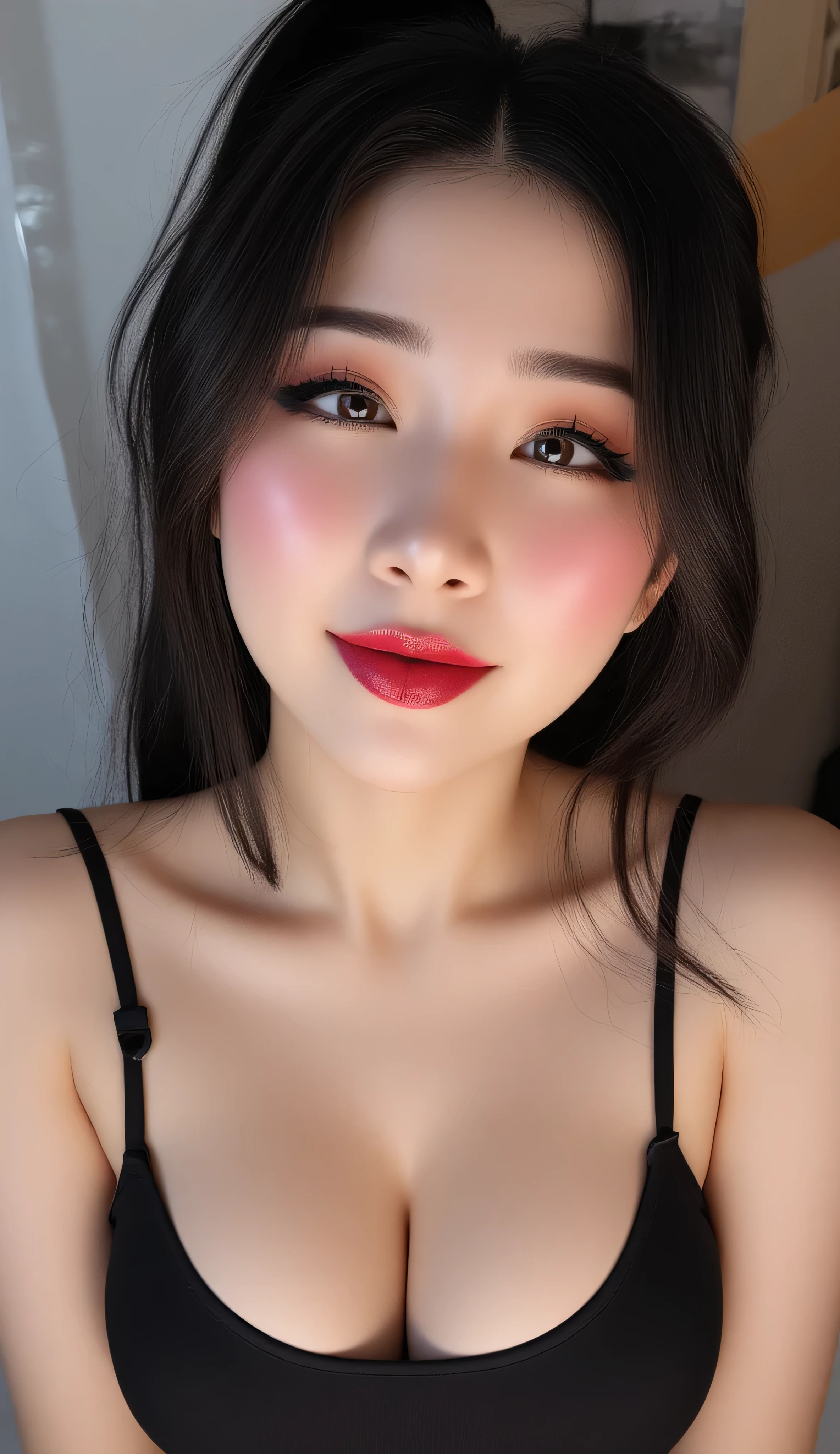 ((Best Quality, 8K, Masterpiece: 1.3)), beautiful Asian Korean e-girl streamer makeup, push-up tank top that emphasize perfect big cleavage, presenting their cleavage close to you, amazing breast enhancement, hard blush make up: 1.5, perfect long strong winged eyeliner, perfectly smoky eye shadow, perfect soft cleavage, round tongue out, perfect, chubby chin, , beautiful eyes detail, upper body composition, perfect full red lips, lively face, lustful look, perfect squeezed cleavage line, rounded cleavage line, feeling exceptionally seduced, perfection, perfect mascara, skin detail, she absolutely fucking loves showing her cleavage to you, refined eyelashes, refined eyeliner, perfect composition, looking at you from below, white highlight in eyes, begging, she's like "mhm you like my amazing breasts?”, extremely teasing, perfect soft natural like breast that gives a clear perfect soft cleavage, long eye lashes: 1.3, beautifully and perfect eye, beautiful, brown eyes, thick eye brows, smiling teasingly, ponytail