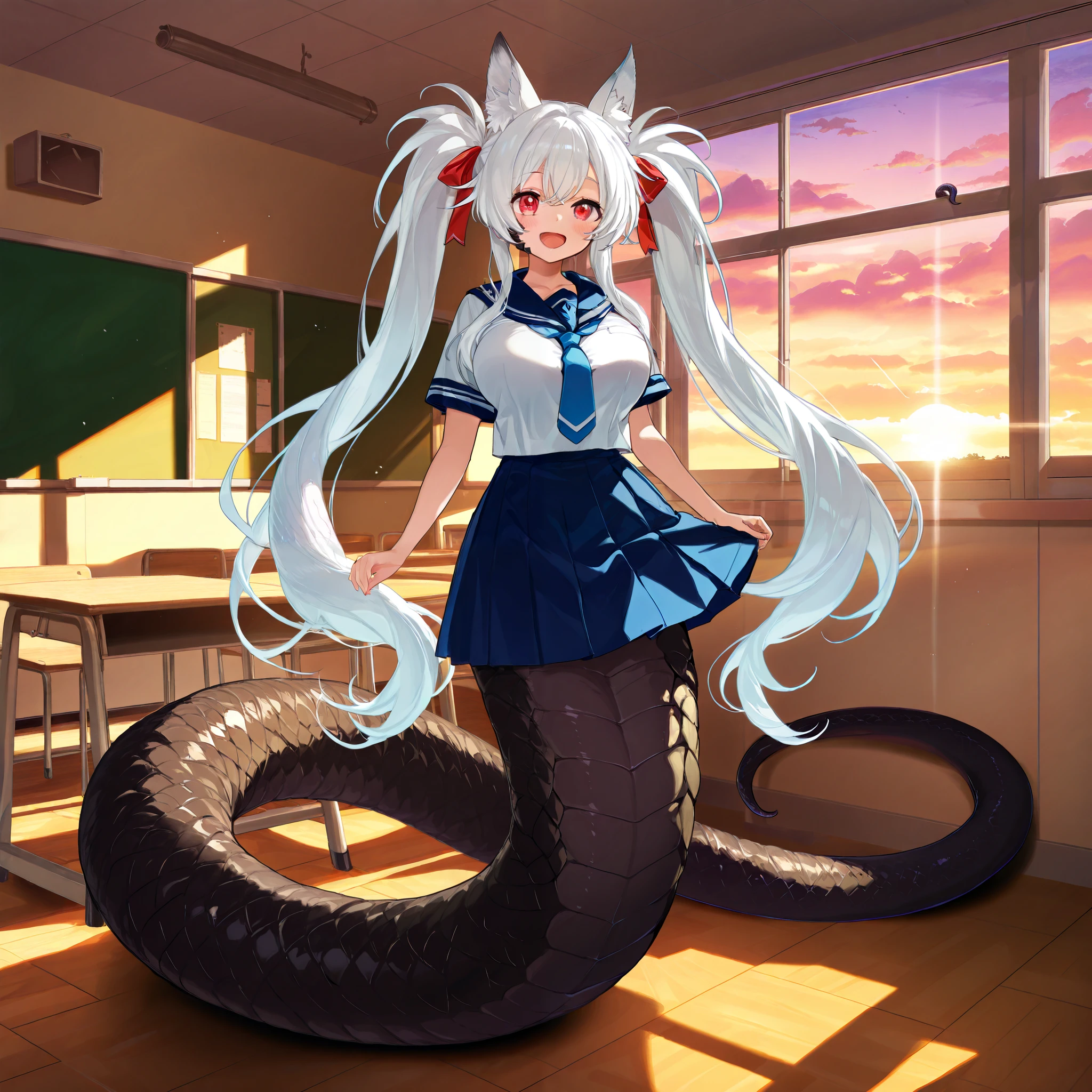 score_9, score_8_up, score_7_up, 1girl, white hair, (long pigtails:1.2), large breasts, sailor uniform, blue skirt, blue tie, lamia, black scales, relaxed tail, red eyes, classroom, full body, standing, sunset, happy, closer view, fox ears, PonyScores, (thick and long tail:1.1),