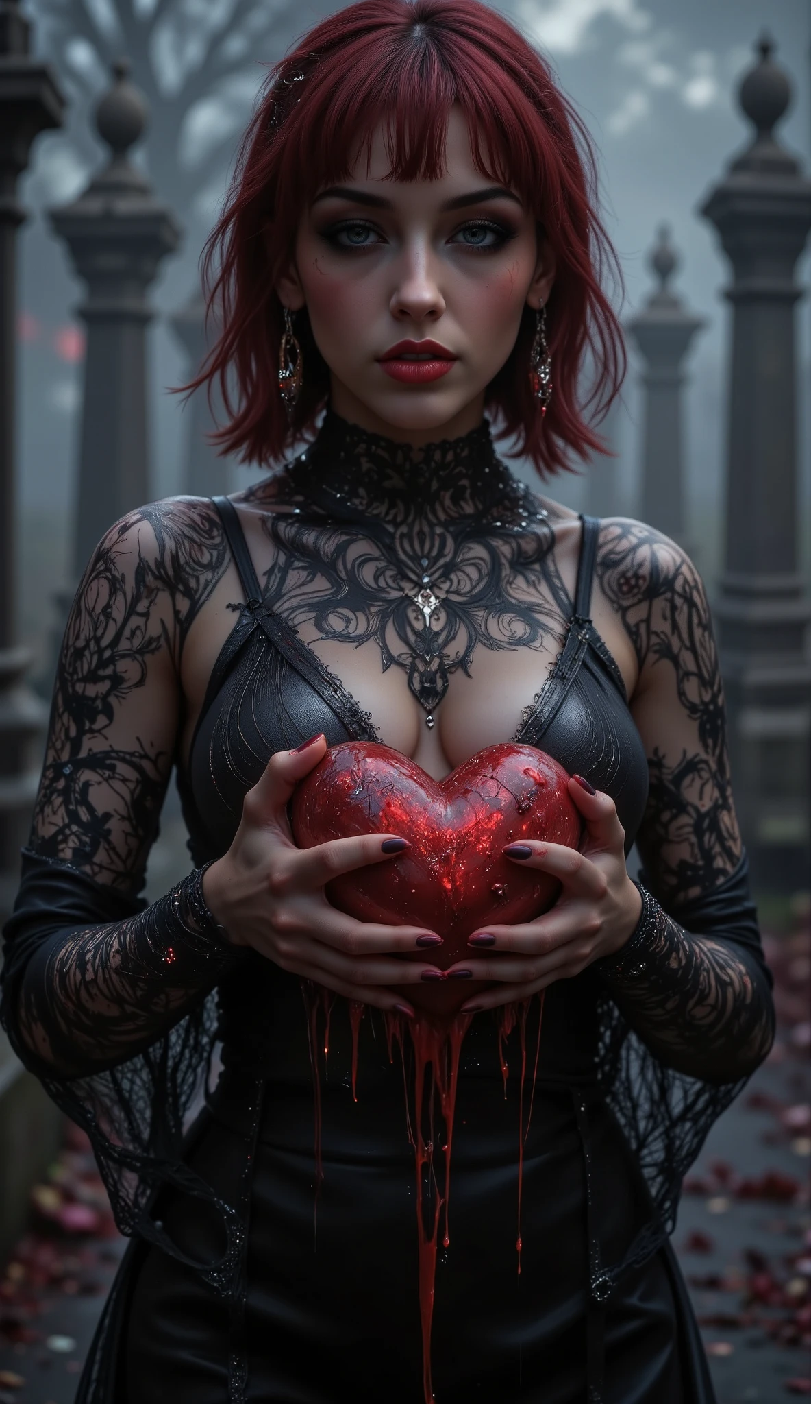 arafed woman, wearing a gothic black dress with a deep neckline, small but plump breasts , wearing red lipstick , short bangs, holding a living giant heart , in a foggy cemetery at midnight, dirty in blood .