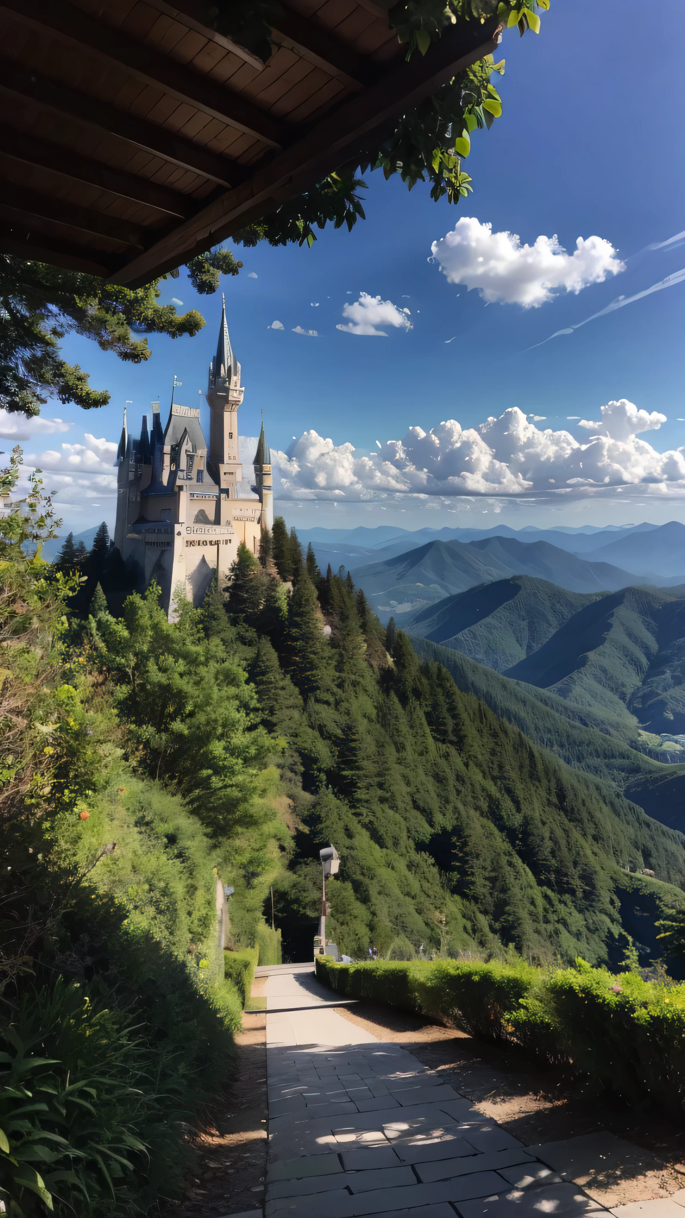 Masterpiece, 最 high quality , high quality , high quality , high quality ノイシュヴァンシュタイン城: Roman castle which is said to be the model for Cinderella Castle。 , (Scenery from the foot of the mountain ) Detailed CG Unity 8K Wallpaper , Scenery, Outdoors,Sky and Clouds,、 A place with spectacular mountain views 、 colorful flowers, Color Difference, photorealism , Highly detailed castle 。