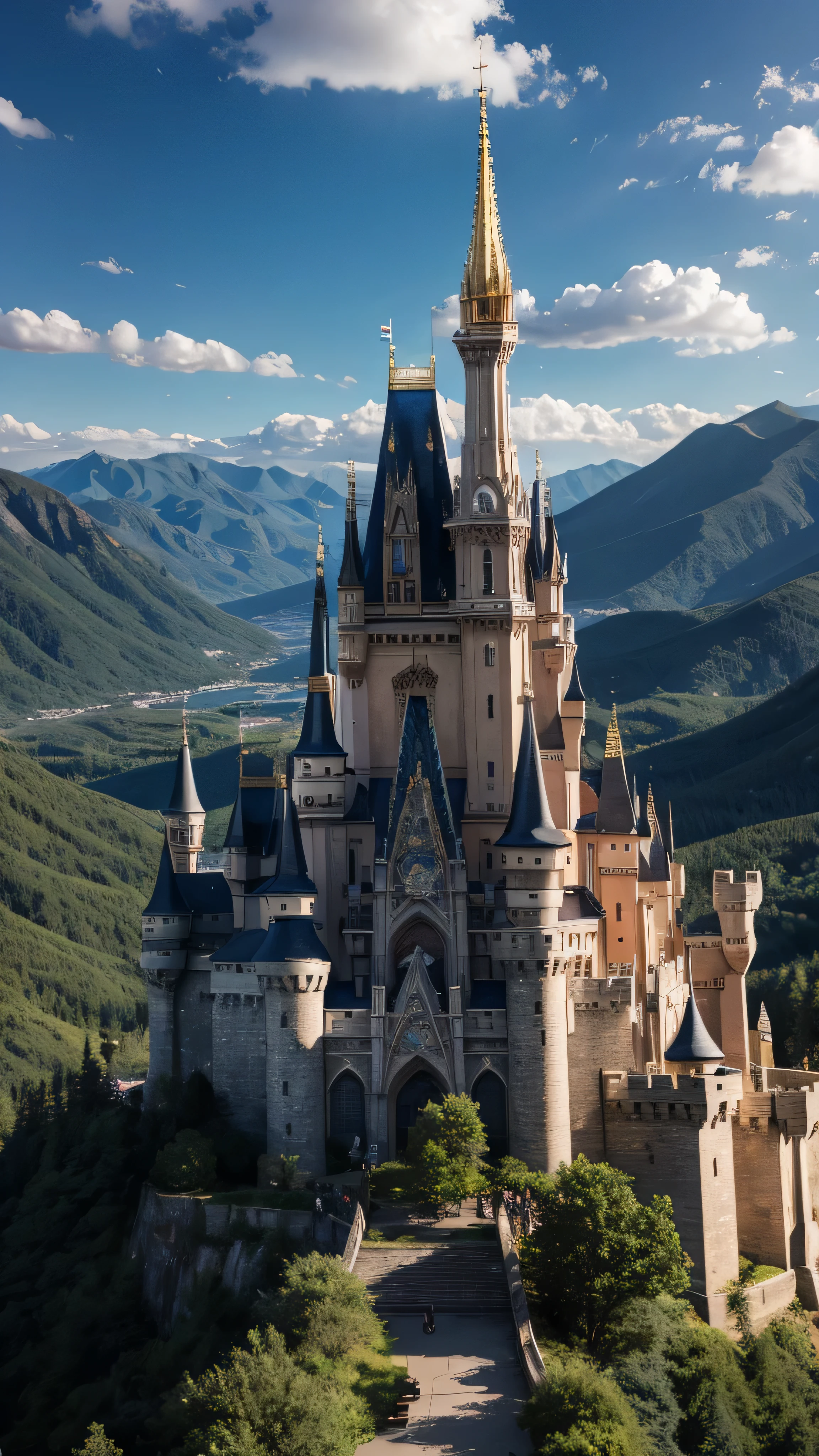 Masterpiece, 最 high quality , high quality , high quality , high quality ノイシュヴァンシュタイン城: Roman castle which is said to be the model for Cinderella Castle。 , (Scenery from the foot of the mountain ) Detailed CG Unity 8K Wallpaper , Scenery, Outdoors,Sky and Clouds,、 A place with spectacular mountain views 、 colorful flowers, Color Difference, photorealism , Highly detailed castle 。