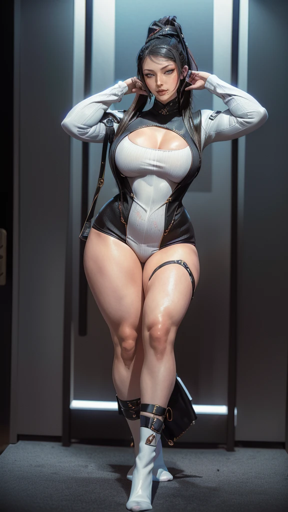 Full body, 1 woman, solo woman, tall woman, standing straight with legs pressed together, perfect straight pose, front view, High Quality, green hair, blue pupils, mature face, 45 years old woman, black bodysuit, black widow bodysuit, supple thick body, plump thighs, curvy, curvaceous, hourglass figure, huge tits, wide hips, curvy hips, long sexy waist, slender pawg, curvy waist, long legs, long knees, long calves, black high heels, long belly, long stomach, (extremely detailed), sexy waist folds, sexy hip folds, sexy vaginal cleft, sexy belly folds, sexy stomach folds, (asymmetrical body), (clothed), (asymmetrical folds), sagging tits, very tight bodysuit, sexy upper half folds, sexy tits folds, long tits, wide tits, gluteal hips, round glasses, plump hips, sexy flabbiness, wavy hair, smart looking woman, micro details, detailed eyes, detailed pupils, detailed expression, (detailed round glasses), (asymmetrical glasses)