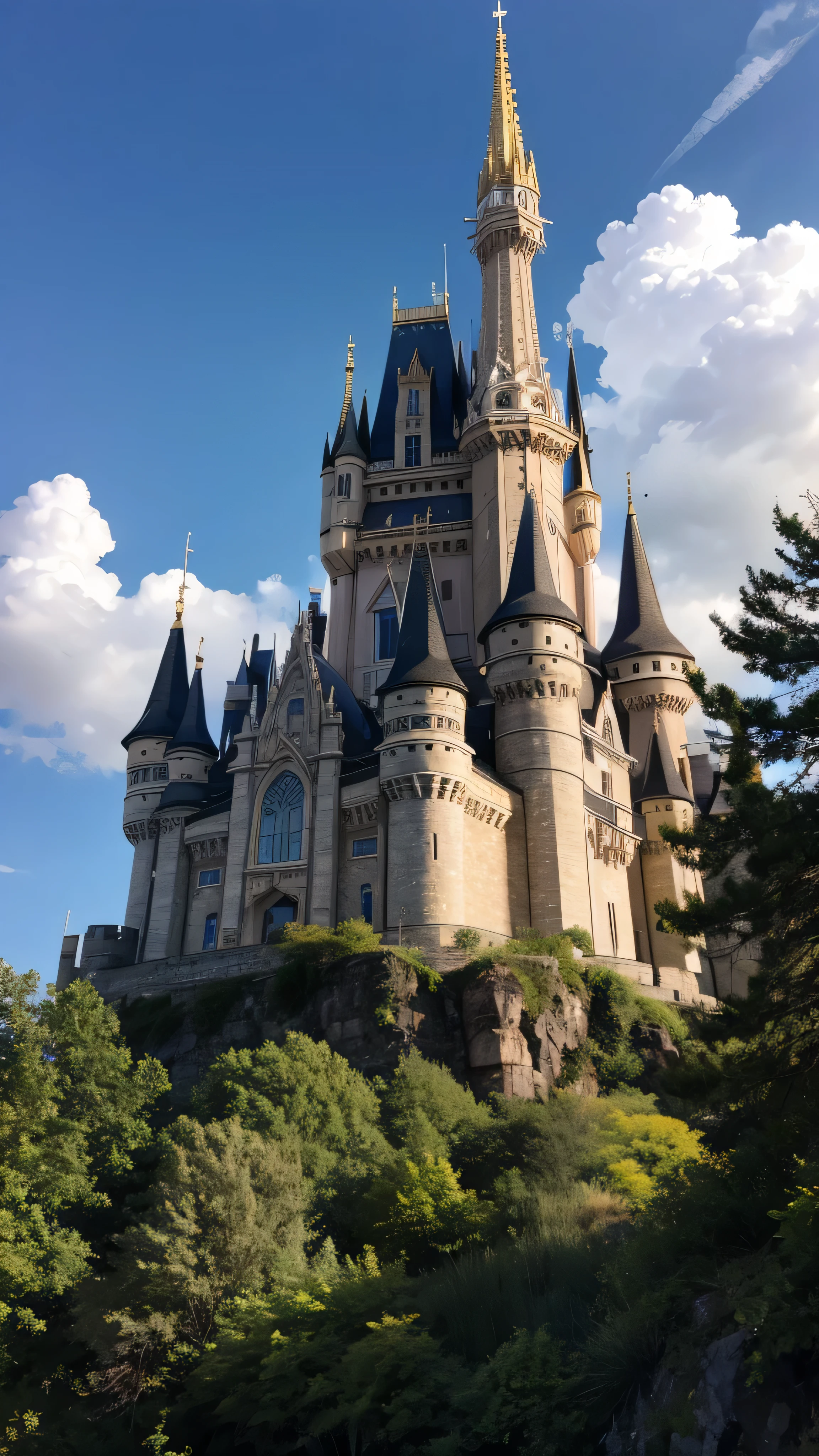 Masterpiece, 最 high quality , high quality , high quality , high quality ドイツのノイシュヴァンシュタイン城: Roman castle which is said to be the model for Cinderella Castle。, (Scenery from the foot) Detailed CG Unity 8K Wallpaper , Scenery, Outdoors,Sky and Clouds,, A place with spectacular mountain views 、Seven color flower , Color Difference, photorealism , Highly detailed castle 。In a photo where you look up at the mountain from the foot。